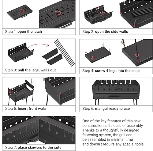 Miniatura 3 de MHH Parrilla de carbón para 8 brochetas, barbacoa portátil de 16.9 x 11.8 x 16.9 pulgadas, parrillas de campamento Kabob - Mangal de metal plegable
