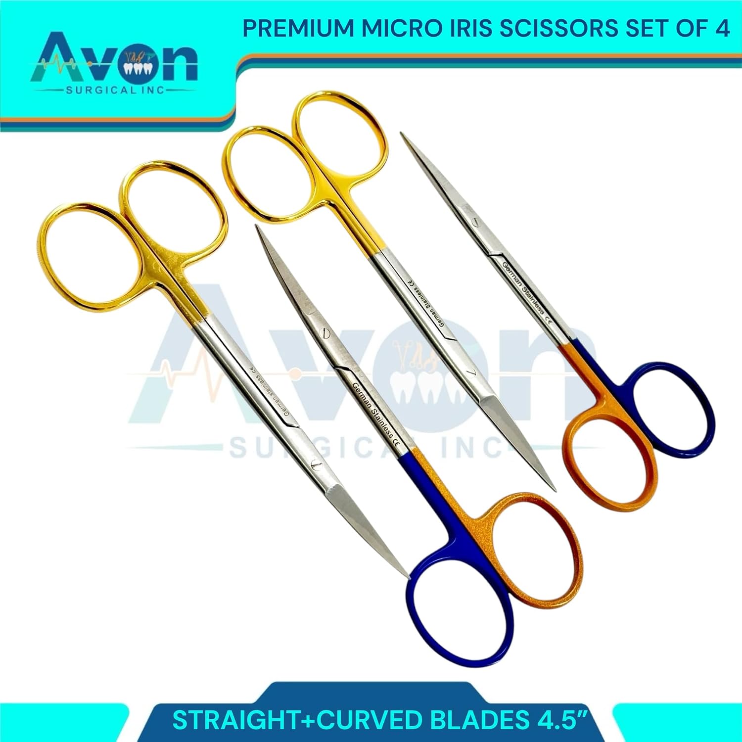 Premium Iris Dissecting Scissors 4.5in with Sharp Tips Curved + Straght | Gold Handle & Blue-Gold Color-Coded | Veterinary, Lab, Crafts, Dental (4pcs)