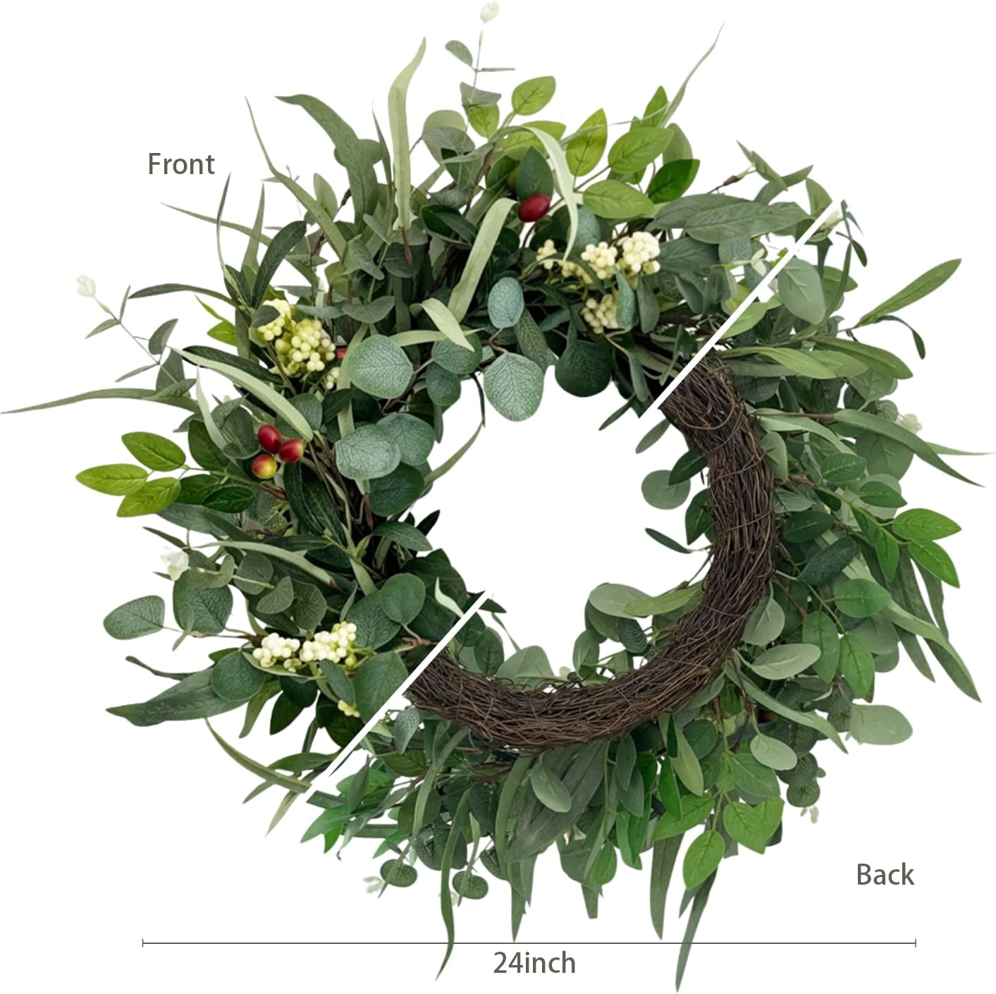 Jobflower 24 Inch Eucalyptus Wreath for Front Door, Artificial Greenery Wreath with Olive Fruit & Berries, Lush All Seasons Farmhouse Wall Decor for Spring Summer Year Round Outside Inside