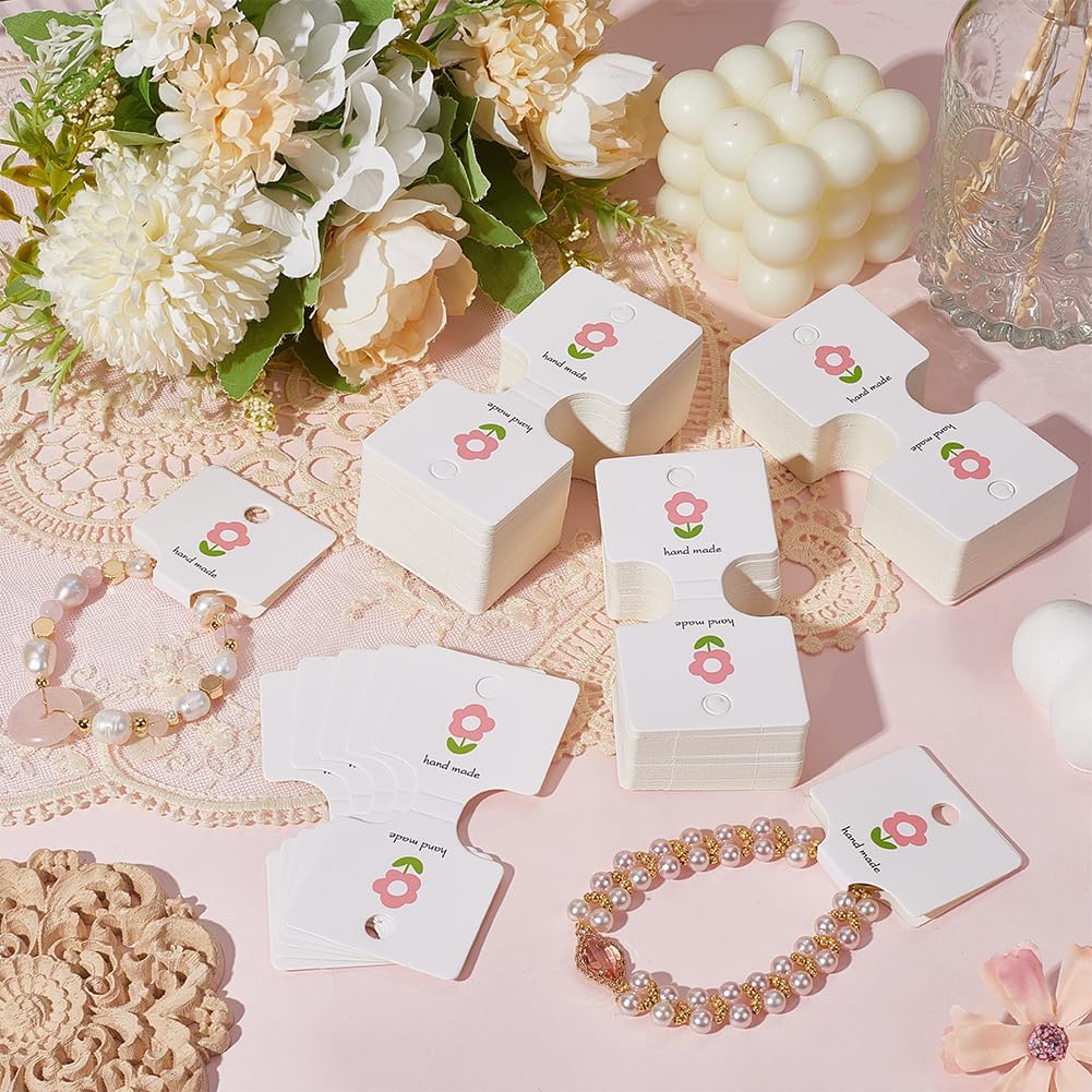 200Pcs 3.66 x 1.77 Inch White Jewelry Display Cards Bracelet Holder Cards Fold Over Paper Flower Rectangle Hanging Cardstocks for Selling Packaging Necklaces Bracelets Jewelry Hair Clips