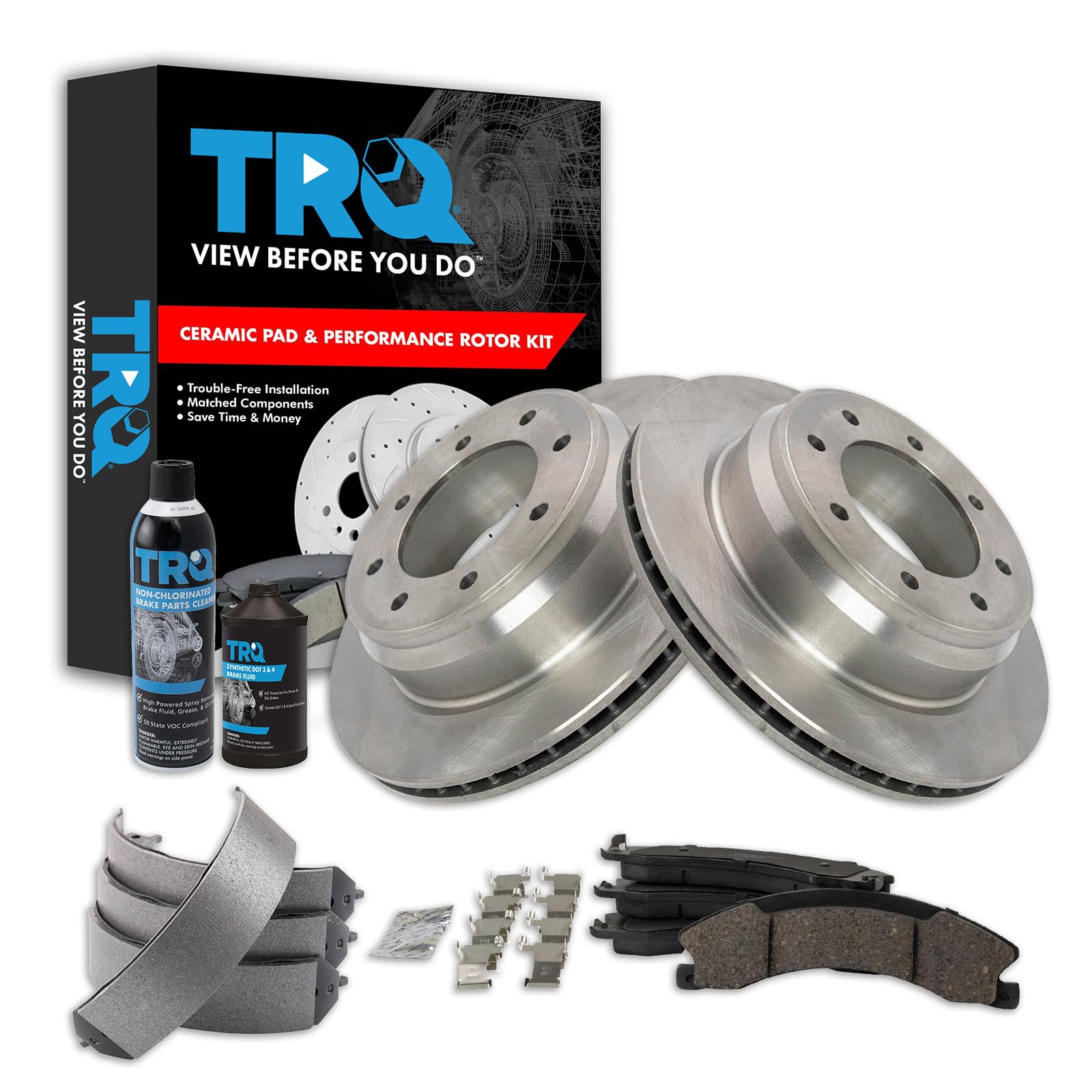 TRQ Rear Brake Pad &amp; Rotor Kit, with Chemical Kit Parking Brake Shoe Set Ceramic Compatible with 2012-2019 Nissan NV1500 NV2500 NV3500