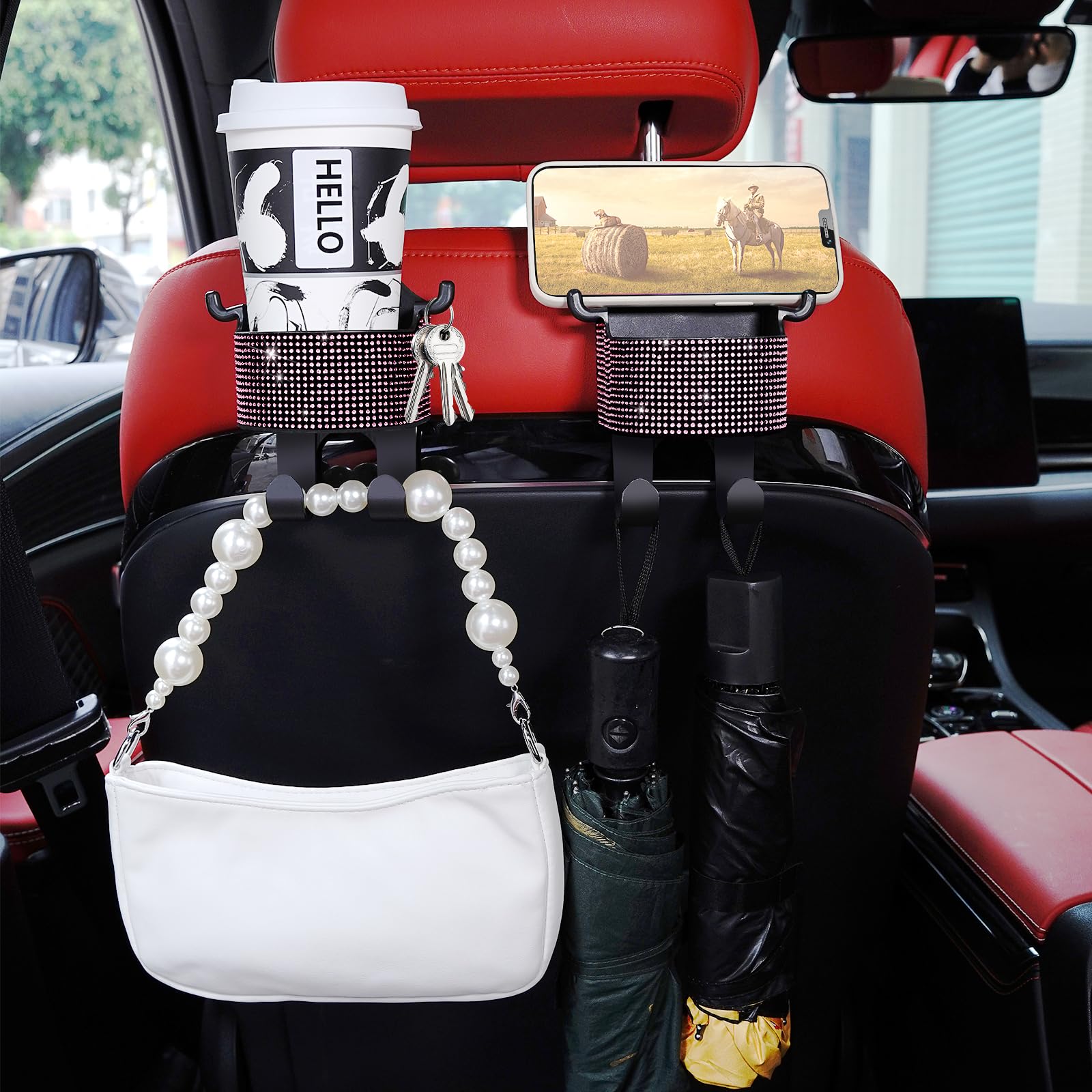 Backseat Drink Cup Holder, Bling Crystal Hook for Car Seat Head Rest, Car Storage Hooks for Purses and Bags Cute, Phone Holder, Handbag, Clothes, Key, Umbrella?2-Pack, Pink