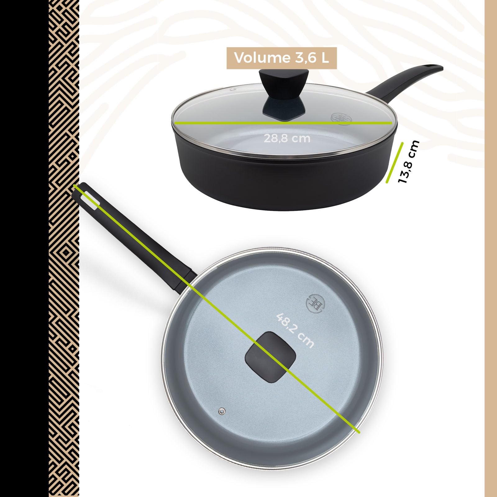 BE Living Poêle Sauteuse avec Couvercle - Ø 28 cm, Bord Haut, Revêtement Céramique Antiadhésif, Induction, Sans PTFE et PFOA, Noir