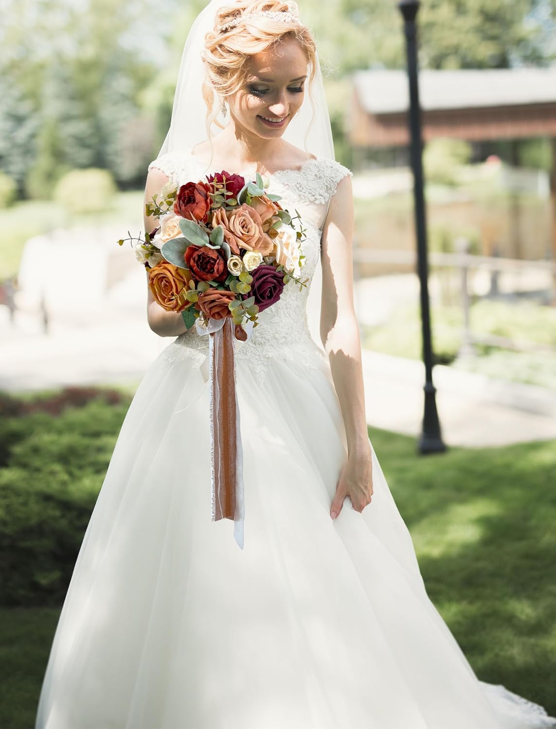 CherishedMoments Burnt Orange Wedding Bouquet, Artificial Flowers Bridal Cascading Bouquets, Vintage Fall Wedding Bouquets for Wedding Ceremony and Anniversary