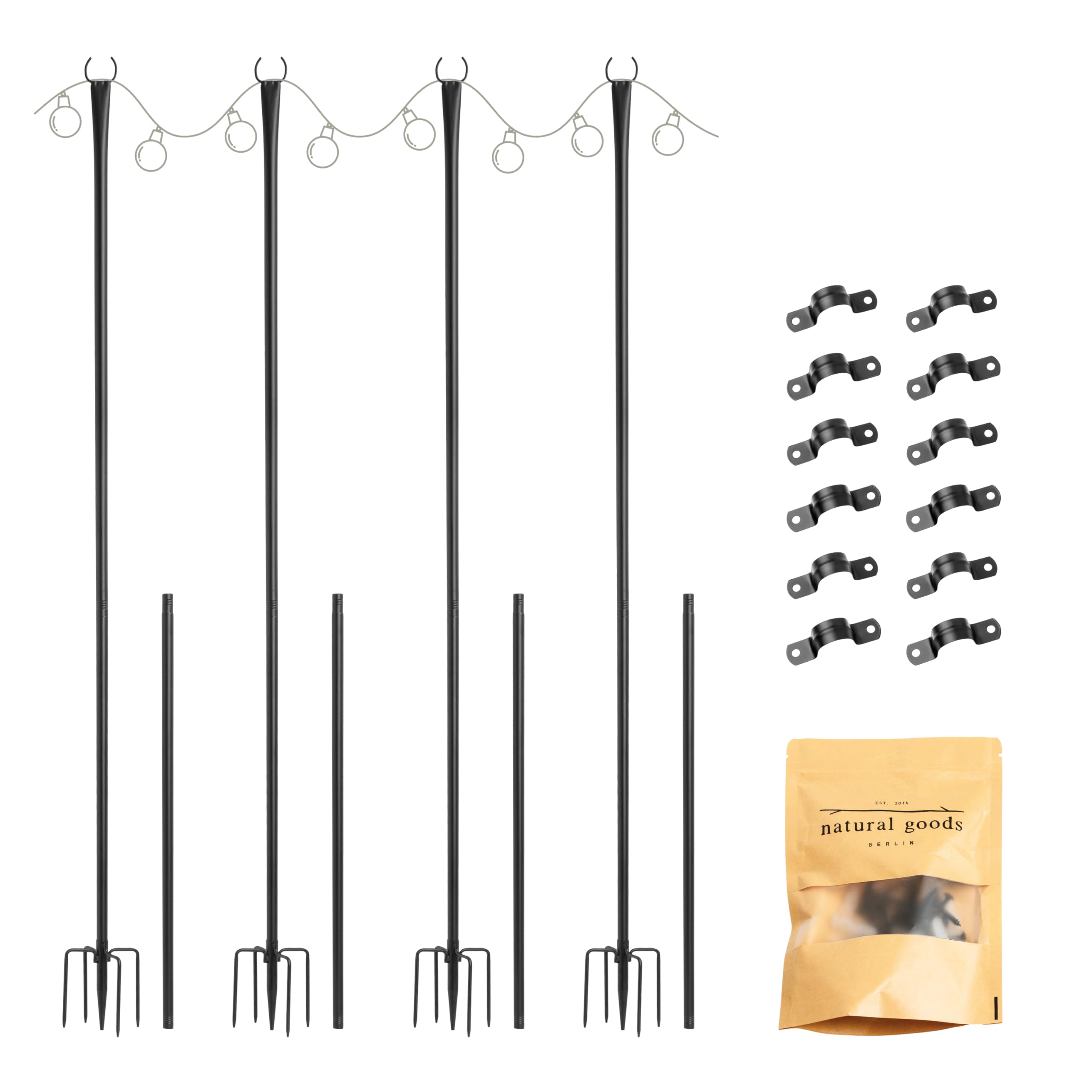 Natural Goods Berlin 4x Lichterkettenhalter - Lichterketten Halterung Outdoor - Lichtmast Schwarz Metall - Metallstange 3m - Stange Für Girlande Rostfrei - Halterung Lichterkette Befestigung Draußen