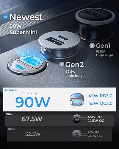 Miniatura 2 de 90W USB-C Car ChargerSuper Mini Metal USB C Car Charger Fast Charging Adapter PDQC30 Dual Port MRGLAS Type C Car Cigarette Lighter USB Charger