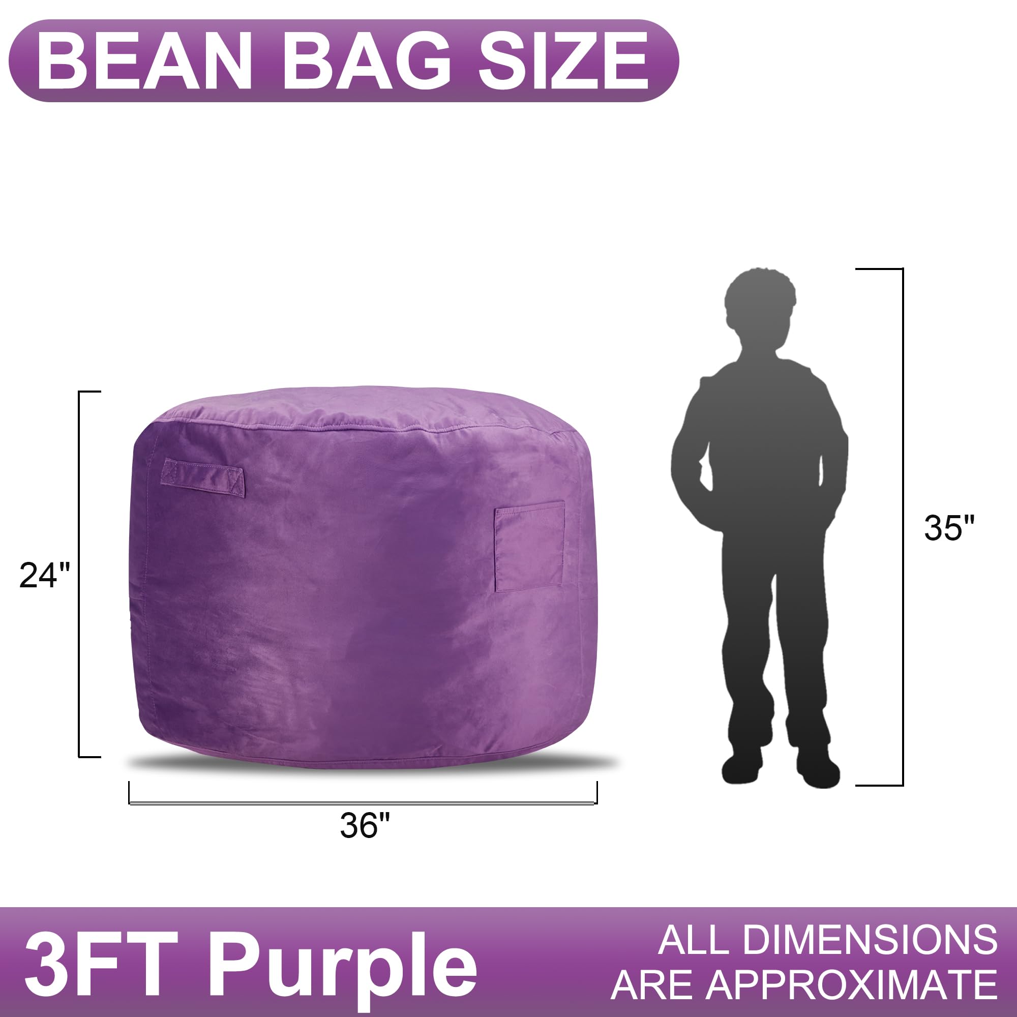 Fragess 3Ft Bean Bag Chairs, Giant Bean Bag Chair with Memory Foam Filling, Removable and Machine Washable Velvet Cover, Bean Bag Chairs for Adult - Purple (36