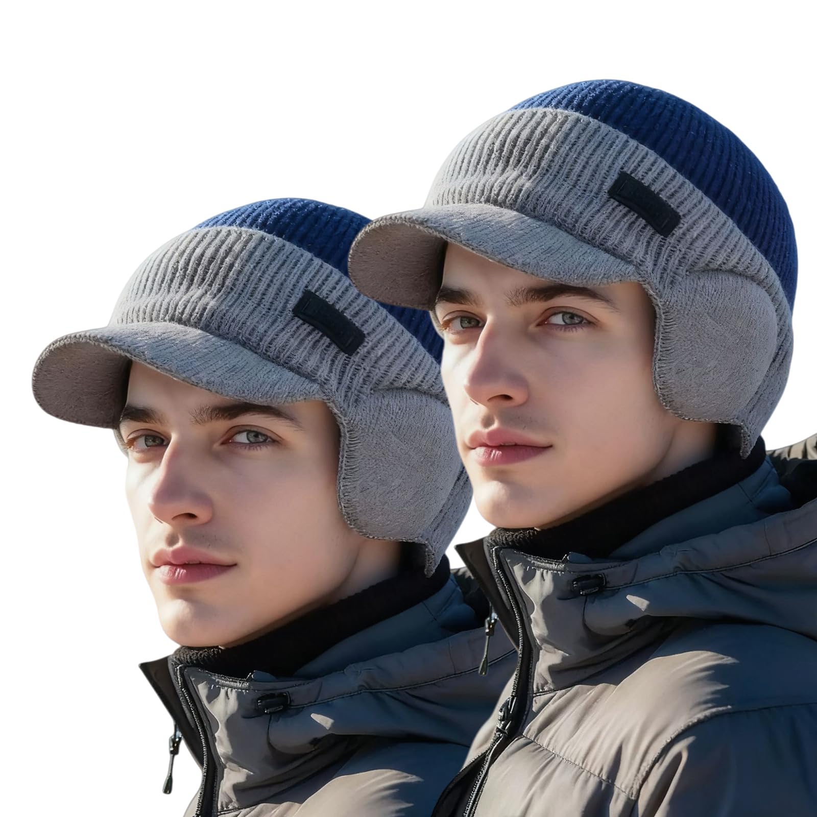 Windproof Thermal Cap with Visor for Men - Fleece-Lined Beanie with Ear Flaps, Ultimate Warmth & Style (Navy Blue,2pcs)