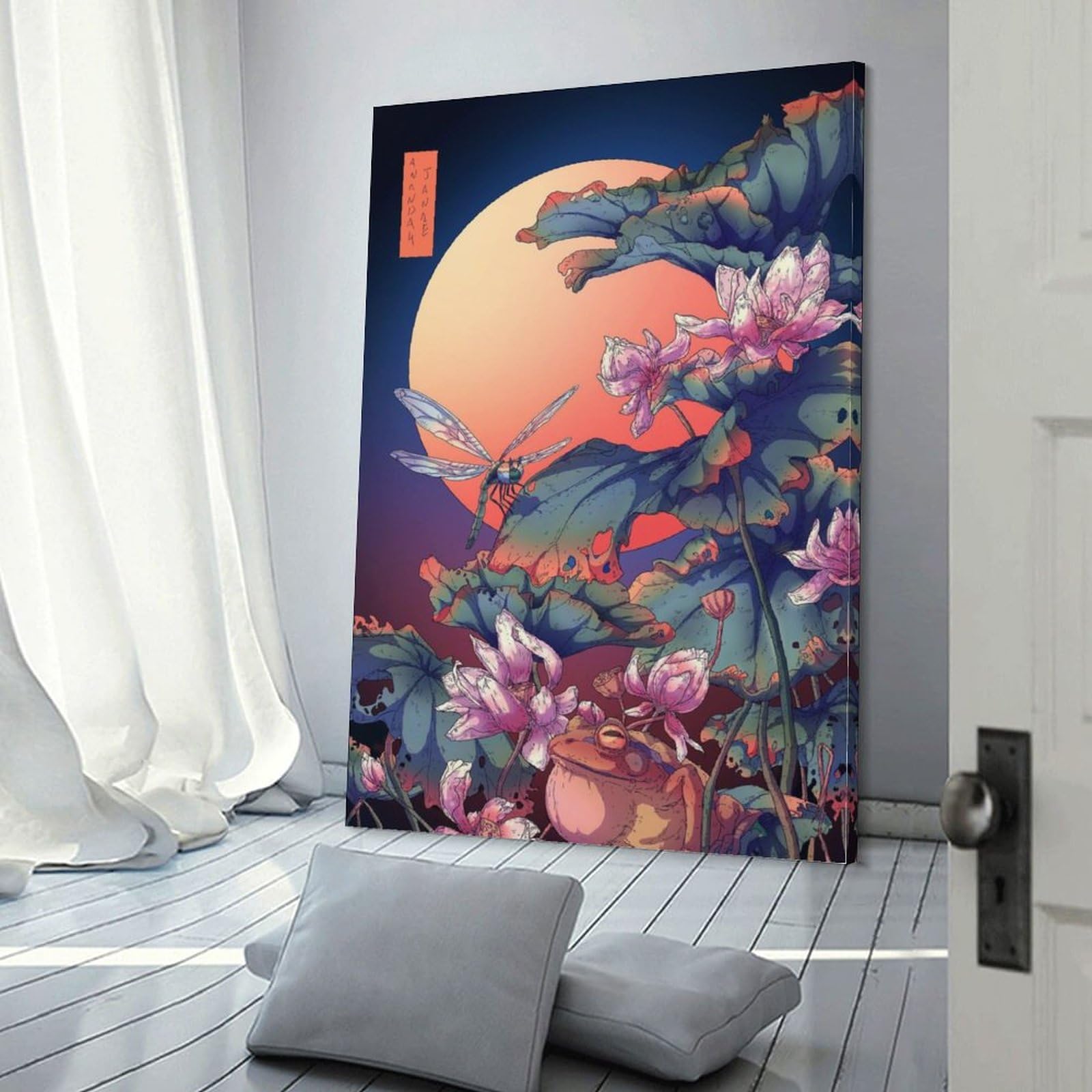 Amazon.co.jp: 絵画 蓮池の上の月明かりインテリア 絵画 和風イラスト