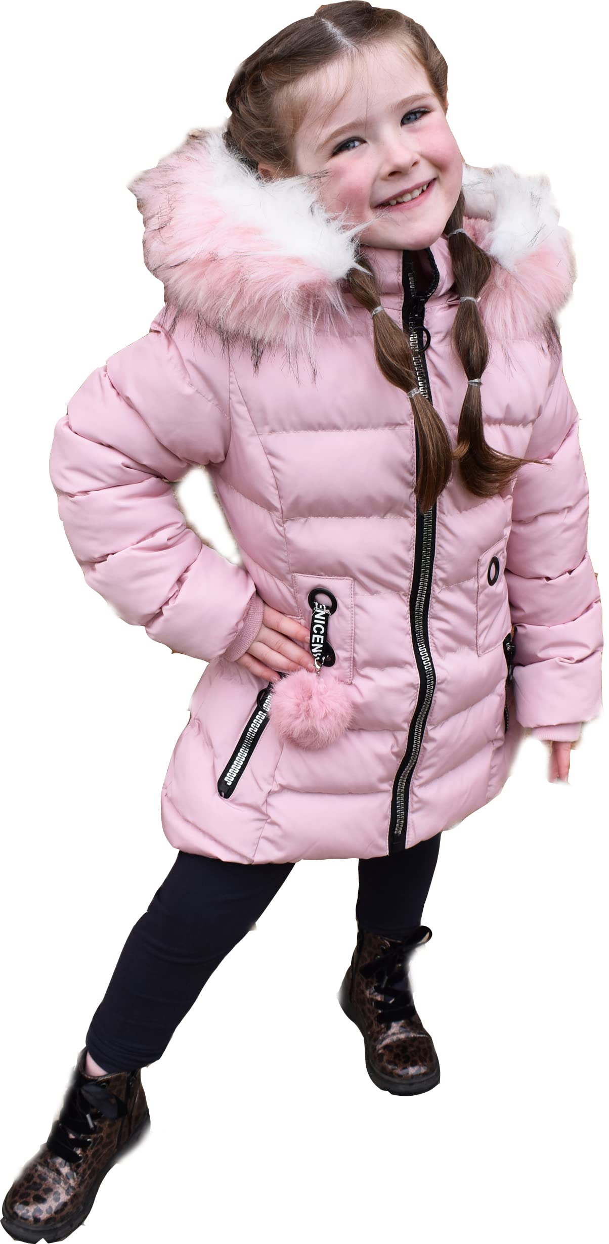 Carbone Fashion Cappotto Puffa Giacche Giubbotto Bambina, Lunghezza Media, con Zip Metallica, con Pelliccia Rosa (CFW1915-Pink) Rosa età 9-10