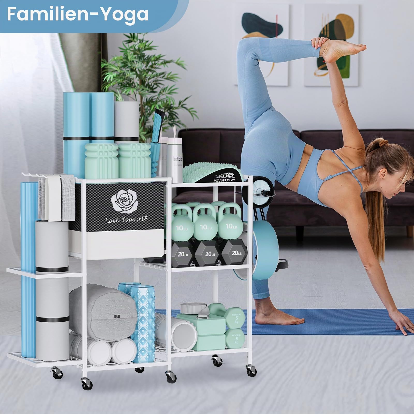 Aufbewahrungsregal für Yogamatte, Heim-Fitnessstudio, Workout-Ausrüstung, Organizer, Fitness-Gewichtsregal auf Rädern für Yogamatte, Yoga-Block, Schaumstoffrolle, Widerstandsband, Hantel, Kugelhantel