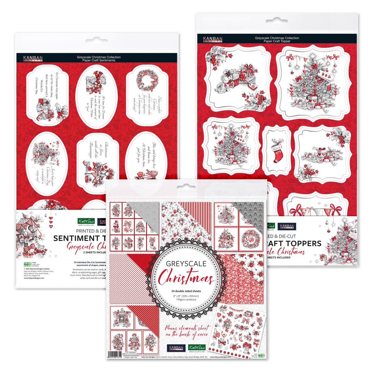 Katy Sue Greyscale Christmas Papercraft Collection. 24 Sheets of Double-Sided 8 x 8 Inch Papers, 6 Sheets of Foiled Toppers, & 2 Sheets of Sentiment Toppers for Christmas Card Making Supplies.