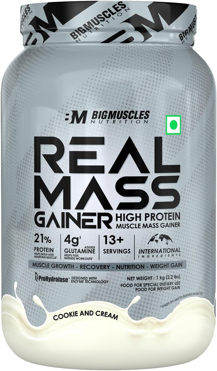 Bigmuscles Nutrition Real Mass Gainer [1 Kg, Cookie & Cream ]