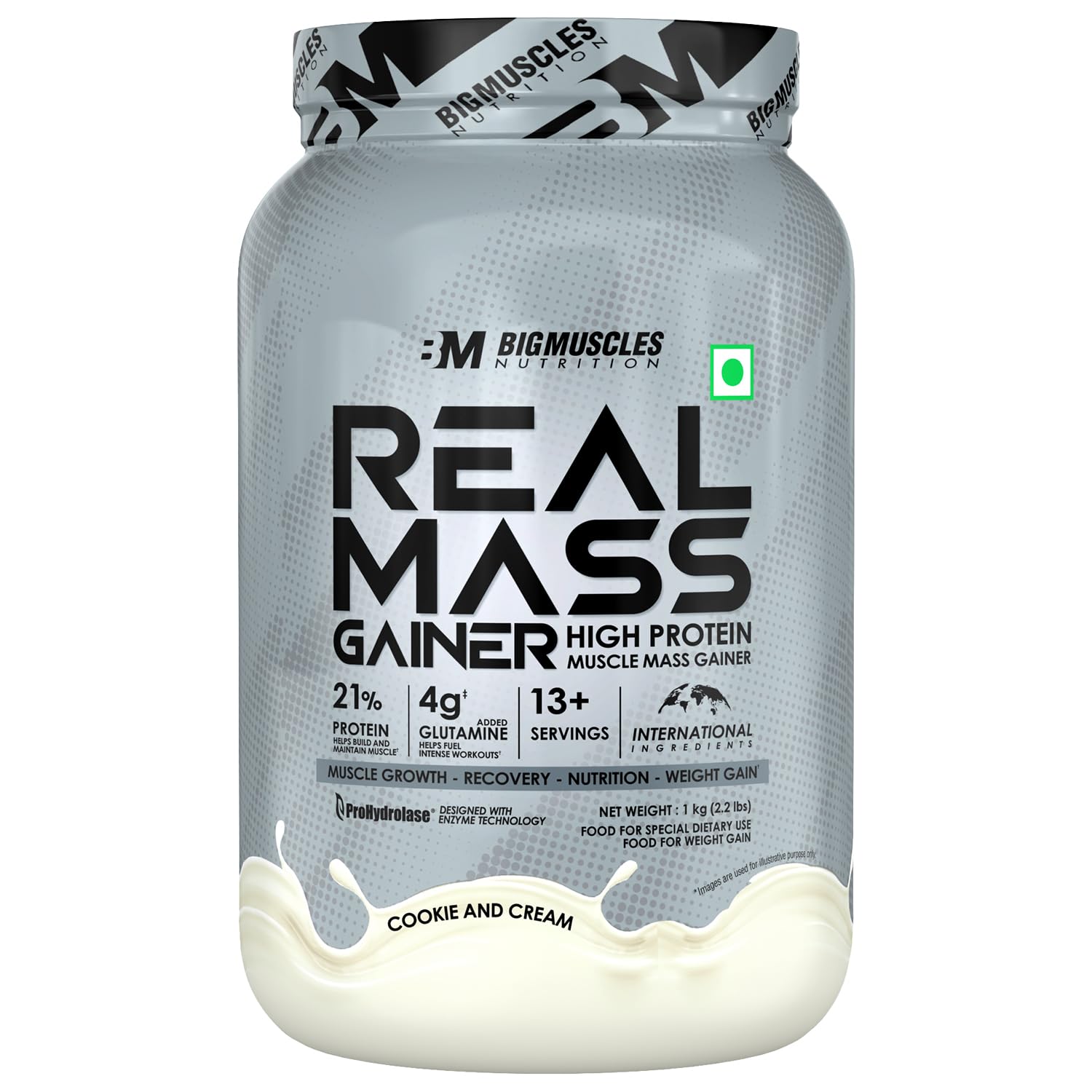 Bigmuscles Nutrition Real Mass Gainer [1Kg, Cookie & Cream ] | Lean Whey Protein Muscle Mass Gainer | Complex Carbohydrates, | 1000 Calories