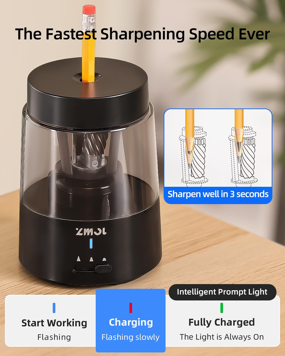 ZMOL Taille-crayon électrique, taille-crayon automatique pour étudiants, taille-crayon rechargeable avec batterie pour crayons de couleur, arrêt automatique, convient pour n° 2 (6-8 mm), école/maison