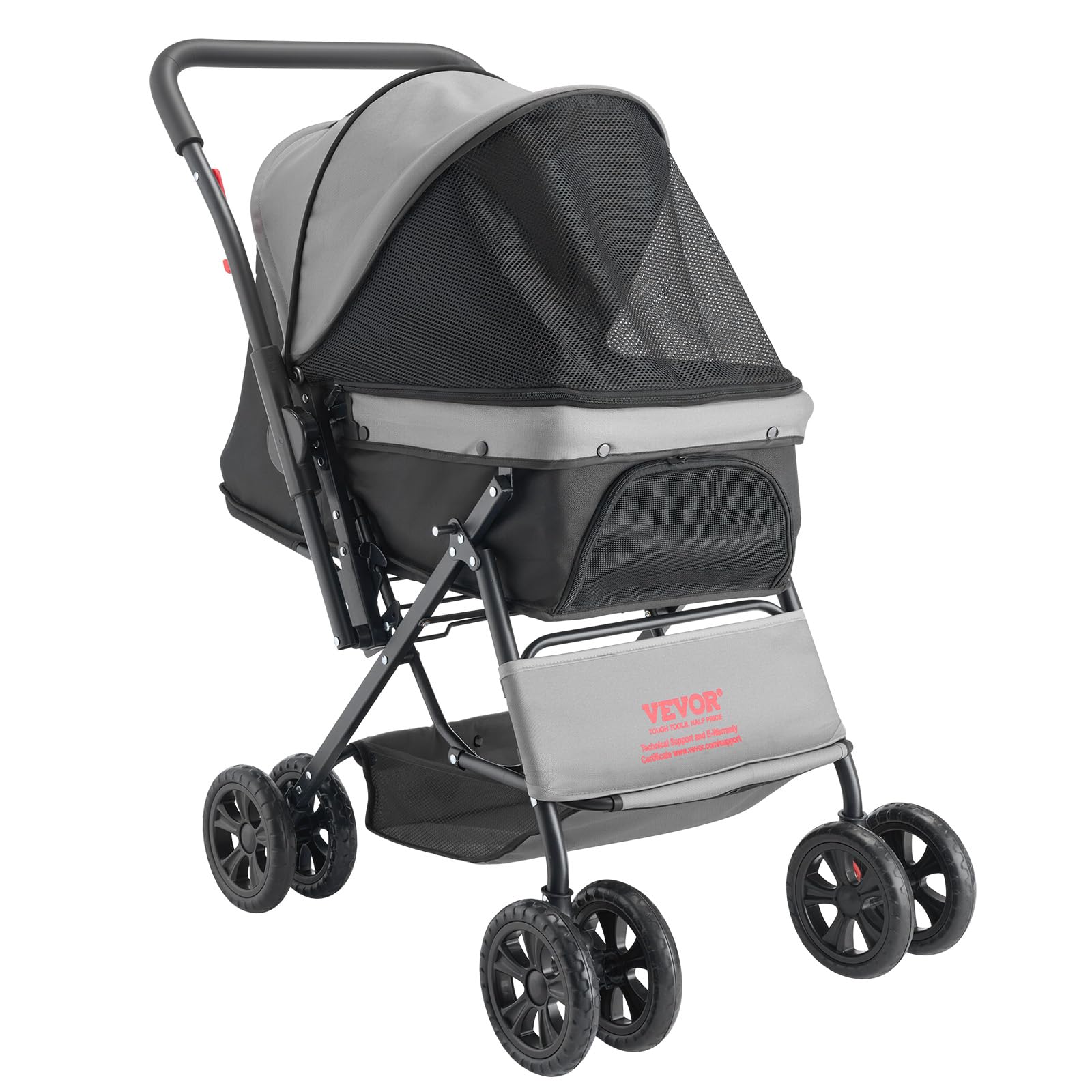 VEVOR Poussette pour Chien Animaux de Compagnie Pliable, Charge 20 kg, avec 4 Roues et Freins Arrière, Fenêtres en Maille, Poignée Réversible, pour Chats, Animaux de Compagnie Taille Petite Moyenne