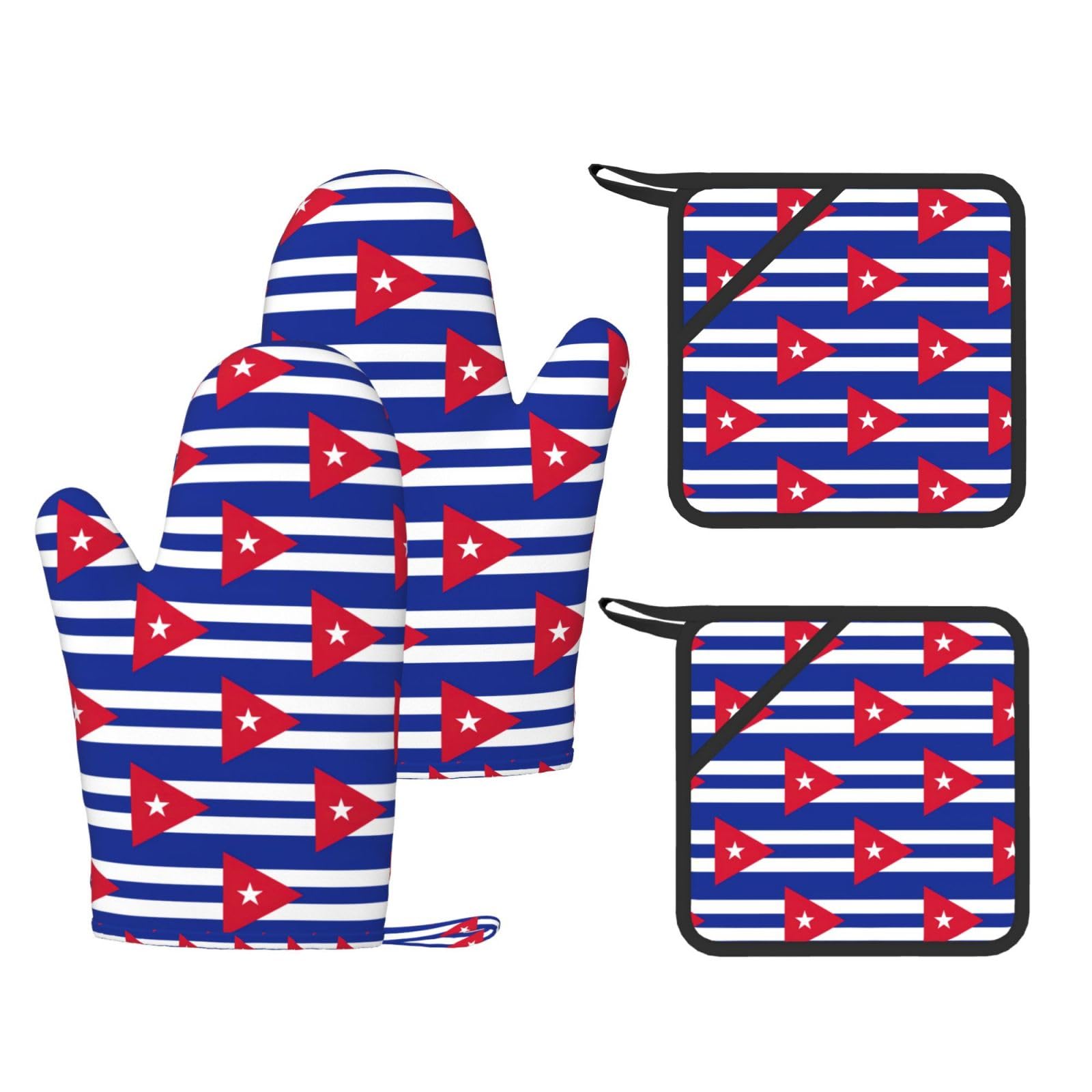 Cuban flag Printed Kitchen Oven Gloves and Potholder 4 Pcs, Non-Slip Heat Resistant Mitts for Baking Chef