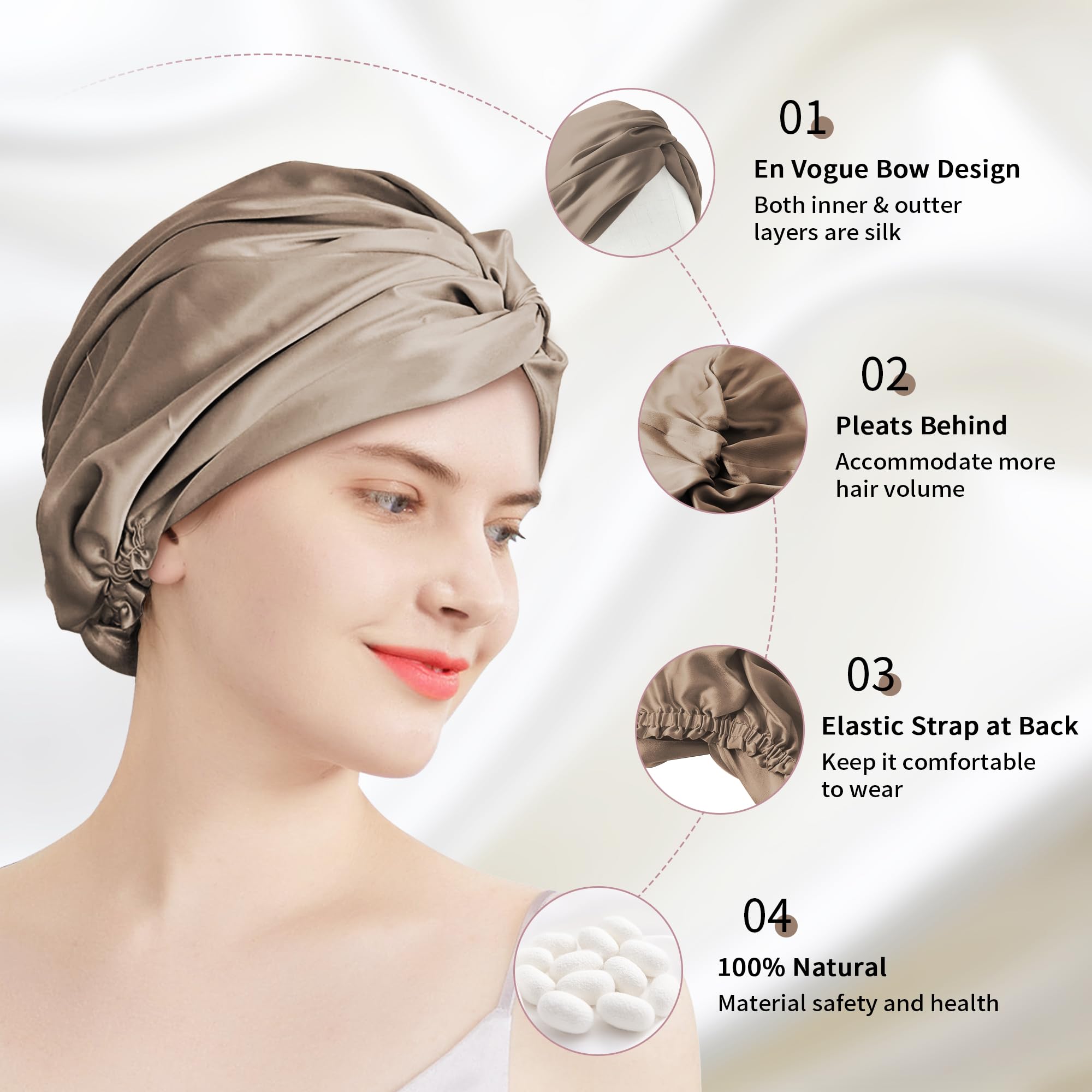 townssilk 100% Seta di gelso, Cappello da Notte da Donna, 16 Momme, in Seta, Ideale per i Capelli, Protegge i Capelli, Cappello da Notte in Seta, Doppio Strato,Coffee
