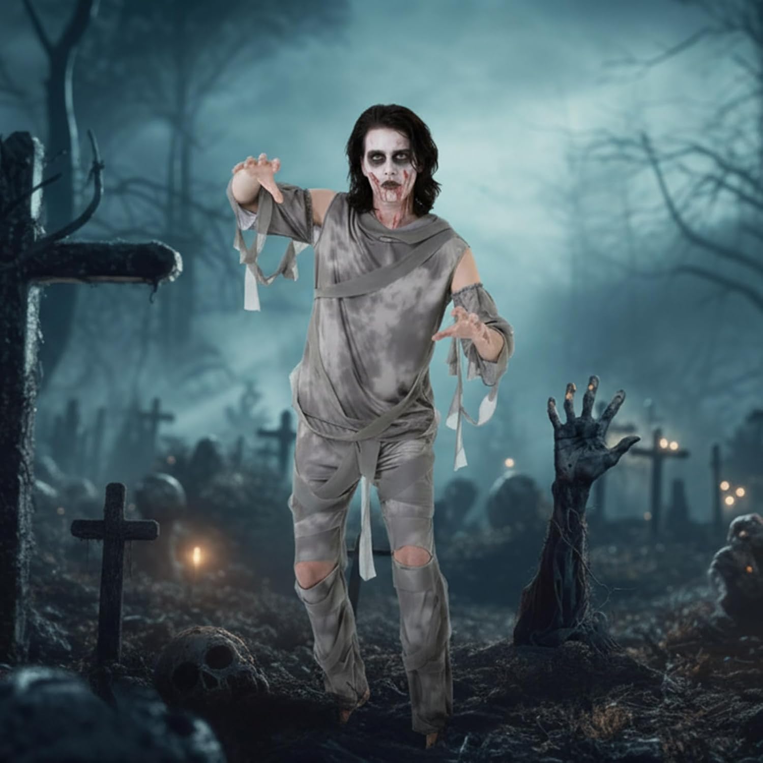 Mepase 4 Pcs Halloween Mummy Costume Zombie Costume for Men Women, Include Top Pants Sleeves Bandage Mummy Wrap Cosplay - Image 6