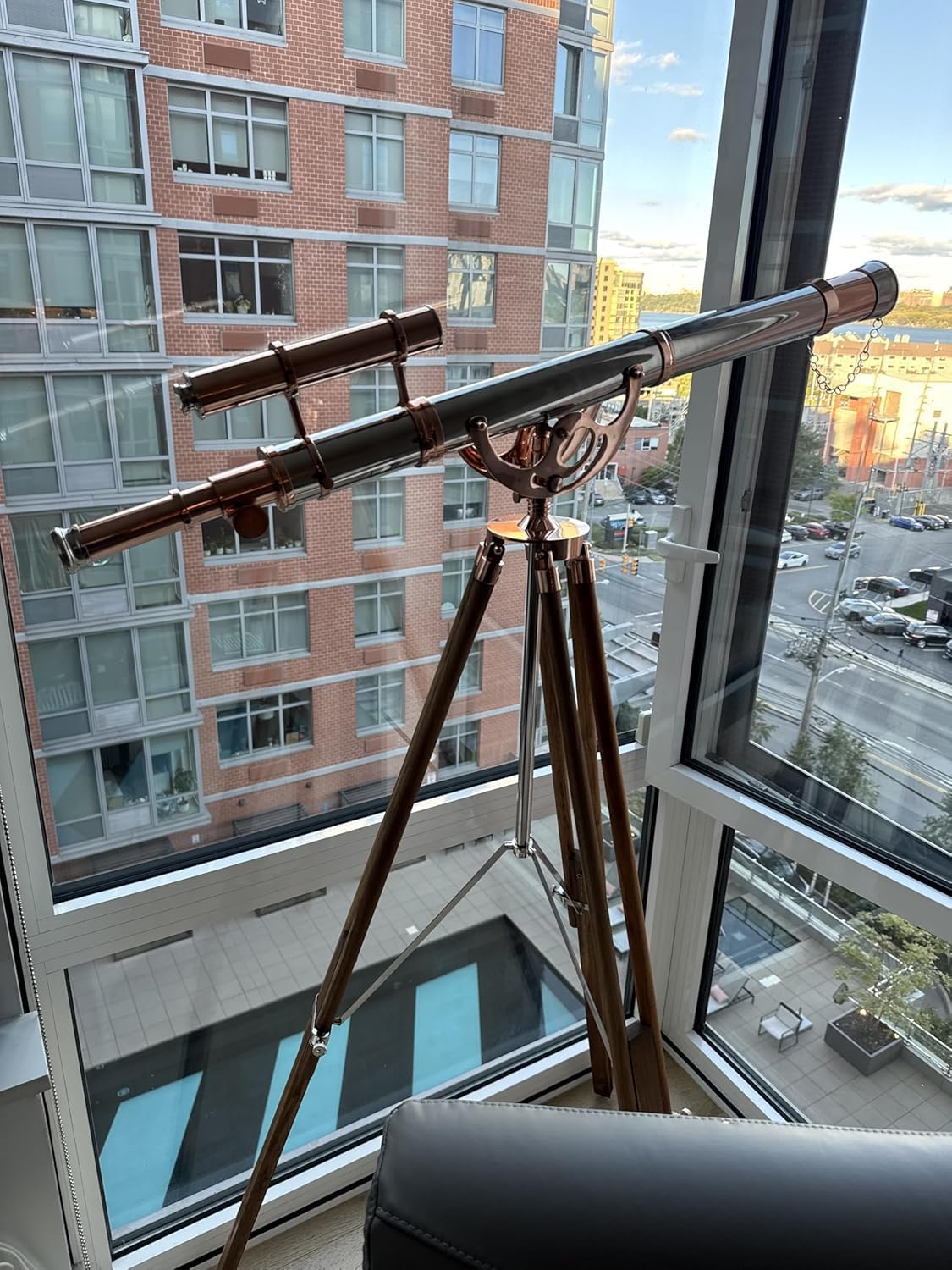 Royal Vintage Shiny Copper/Chrome Finish Telescope Double Barrel Adjustable Natural Wooden Teak Tripod Maritime Nautical Floor Standing Brass Telescope