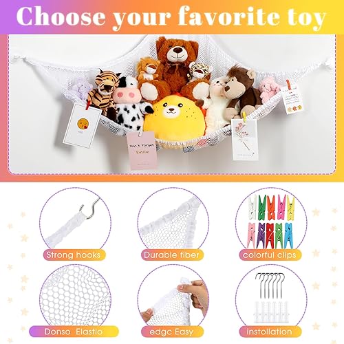 Miniatura 2 de Berlune Juego de 2 redes de animales de peluche o hamaca con luz LED, almacenamiento de animales de peluche, hamaca de juguete de esquina,