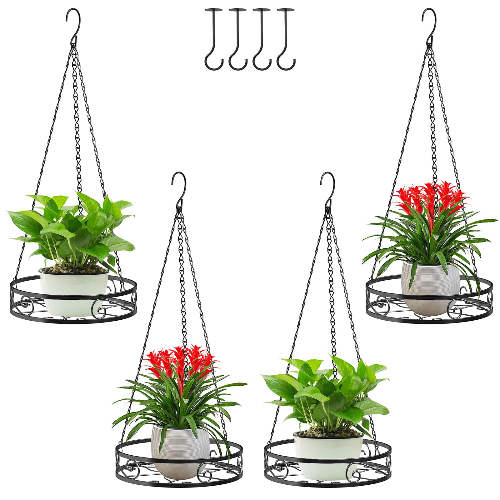 4-Pack Metal Hanging Planters for Outdoor Plants - Heavy Duty Hanging Baskets for Plants Outdoor with Chains and Long Hooks – Aesthetic Hanging Plant Holder for an Instant Indoor and Outdoor Decor
