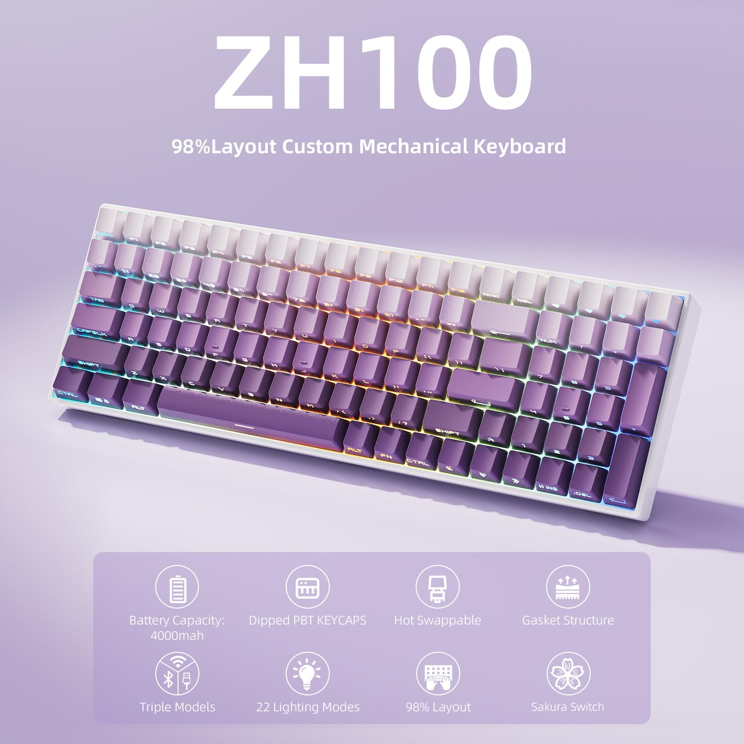 ZORNHER ZH100 Wireless Mechanical Gaming Keyboard,98% Purple Custom Creamy Keyboard with Number Pad, PBT Keycaps,Pre-lubed Linear Switches,Hot-Swappable,RGB Backlit,2.4GHz/USB-C/BT5.0