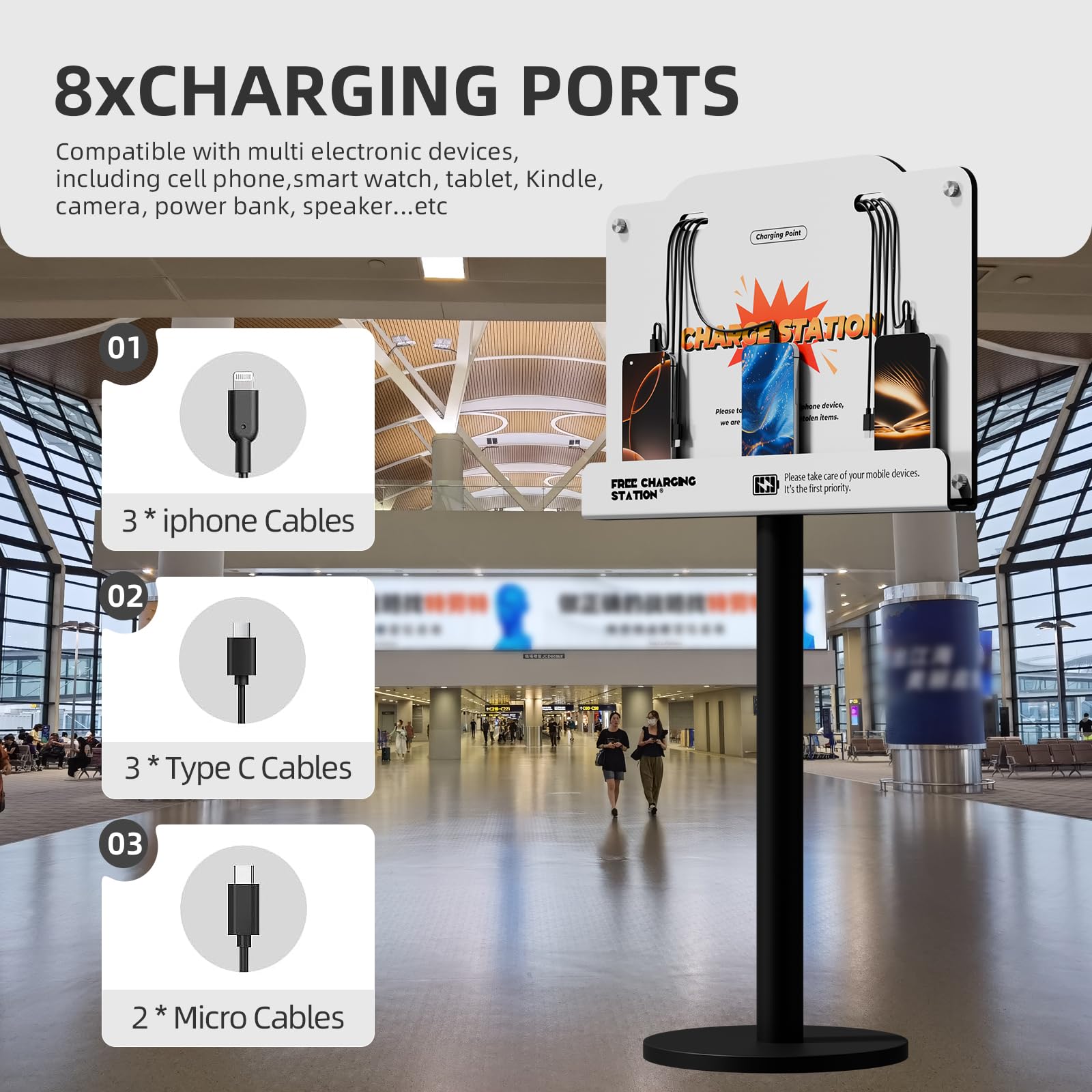 Estación de carga de pared de 8 puertos con cables universales, base de carga rápida para iPhone, Android y dispositivos tipo C, perfecta para oficina, aeropuerto, hotel y escuela (blanco)