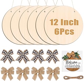 DIYDEC 6 Pack Round Wood for Crafts 12 Inch Unfinished Wood Slices Blank Wooden Door Hanger Sign Wooden Circles Discs with Bows Twine Glue Point for DIY Crafts Painting Christmas Home Holiday Decor