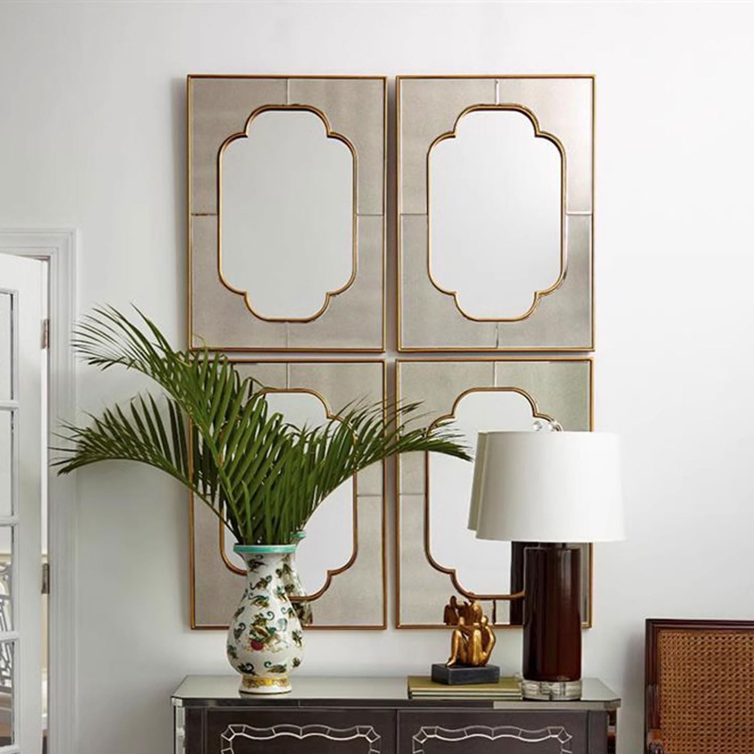 Zestaw 4 geometrycznych złotych żelaznych luster ściennych – metalowa rzeźba dekoracyjna w stylu art deco do nowoczesnej sypialni salonu wejścia - stylowa wisząca dekoracja domu