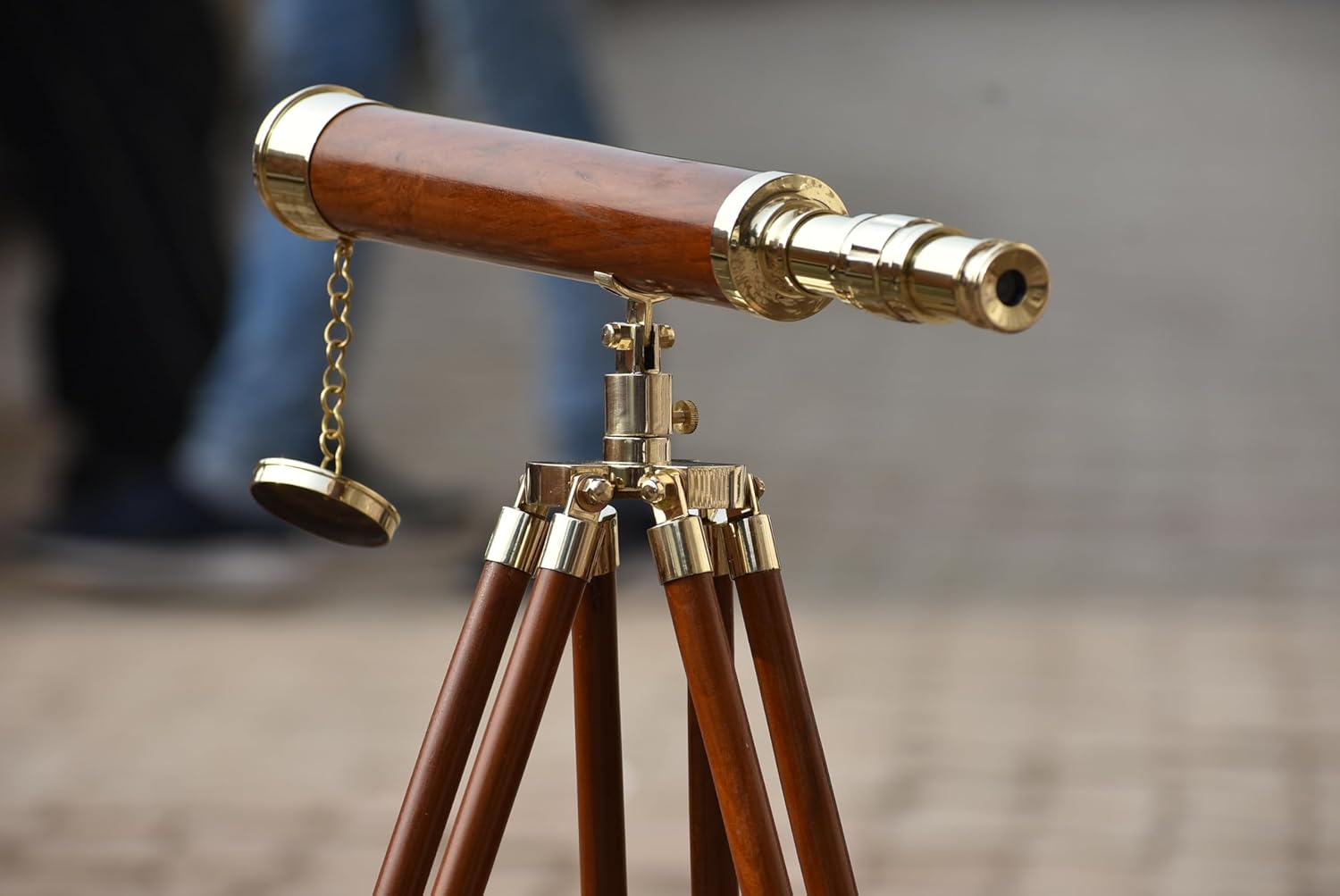 Shiny Brass Telescope with Wooden Pipe Griffith Astro with Wooden Tripod Stand (18") | Vintage-Inspired Nautical Spyglass for Gift, Child, and Home Décor