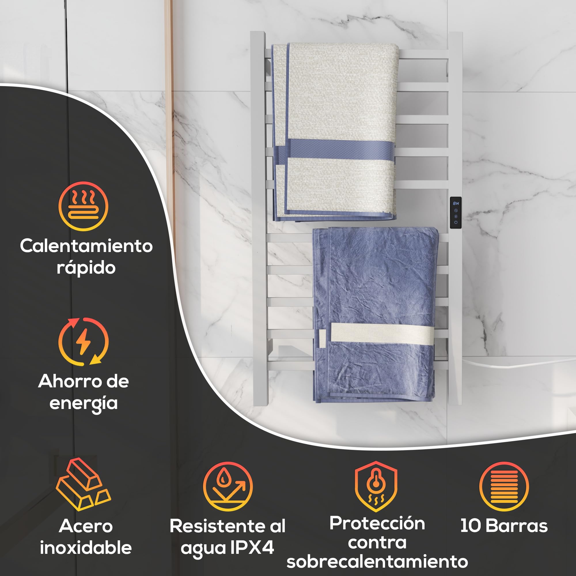 HOMCOM Toallero Eléctrico de Pared con Control WiFi 110W Blanco | Radiador Toallero Eléctrico, Pantalla Táctil, Temporizador, 10 Barras, Temperatura Ajustable, Bajo Consumo, IPX4, Baño