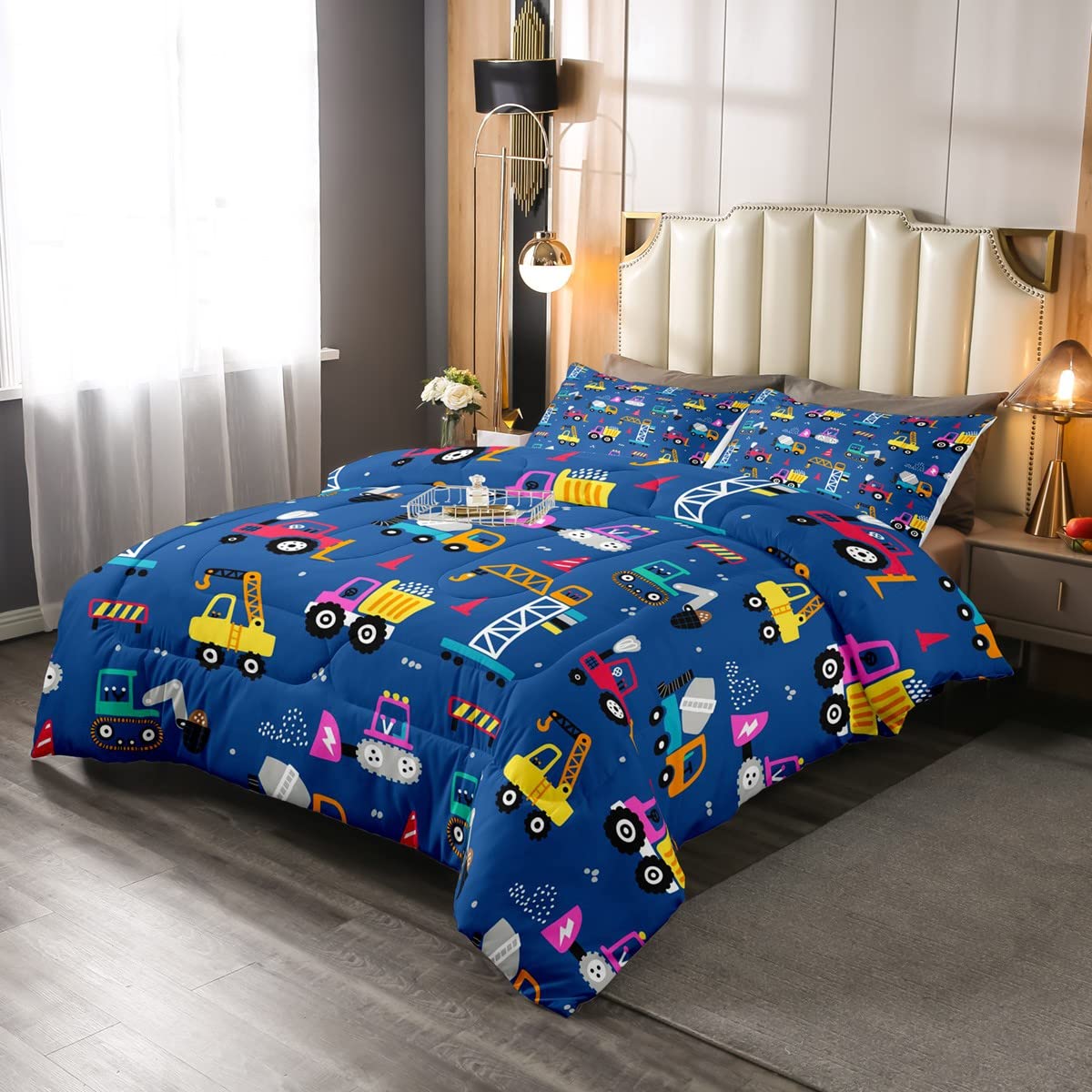 Loussiesd Cartoon Construction Bedding Set Kids Excavator for Kids Boys Vehicles Tractor Blue Duvet Insert Single Size