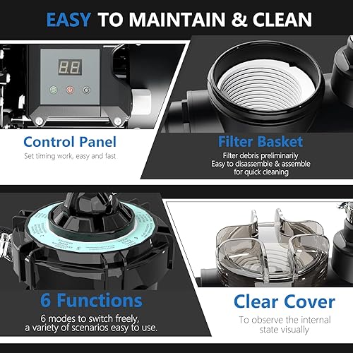 Miniatura 6 de FOTING Bomba de filtro de arena de 12 pulgadas para piscina sobre el suelo con temporizador, sistema de bombas de natación de 12 HP 3000 GPH y