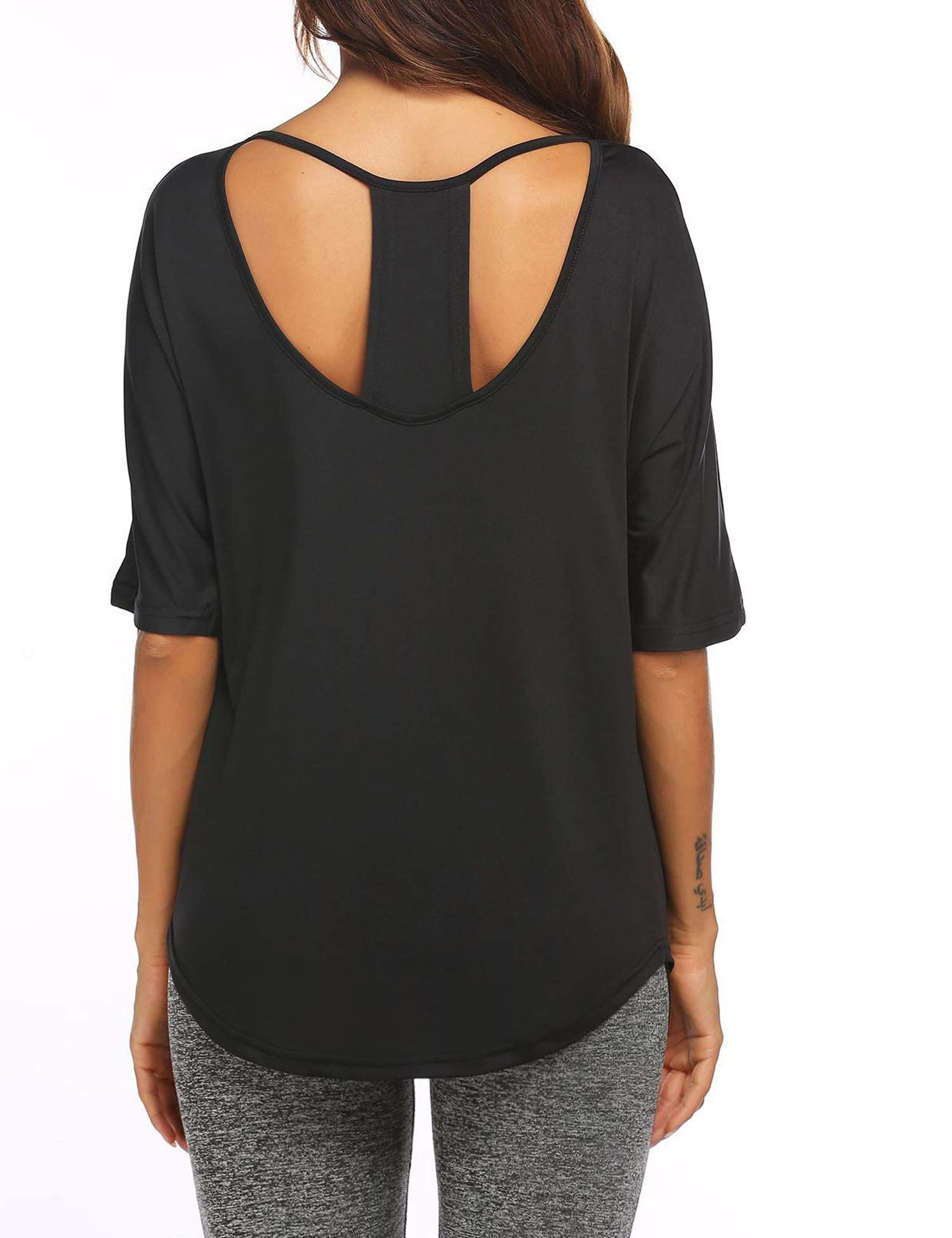 PINSPARKWomen Workout Shirts Open Back Yoga Tops Athletic Gym Tee Activewear S-3XL