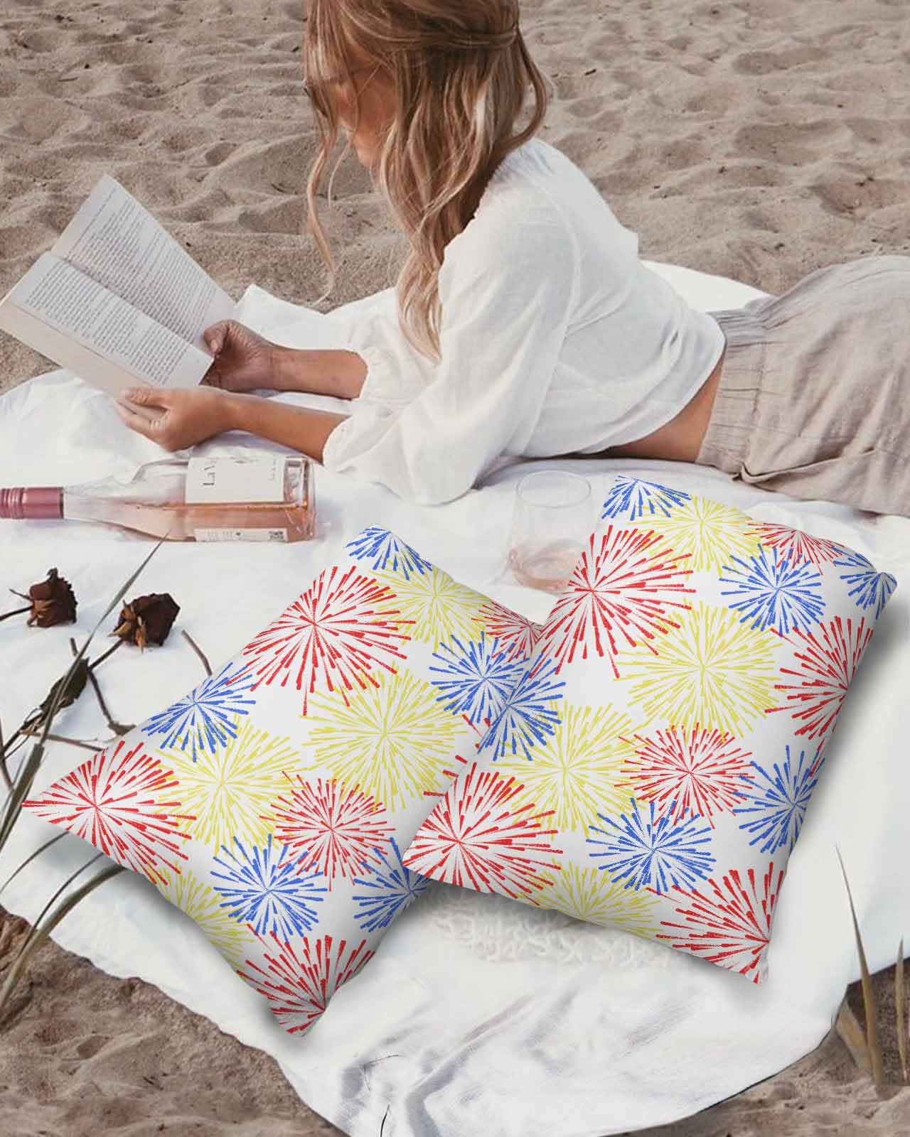 Edwiinsa Yellow Red Blue Fireworks Outdoor Pillow Covers Waterproof,All Weather Cushion Case Set of 2 Lumbar Pillowcase for Sofa Couch Bed Decor Patio Furniture 20