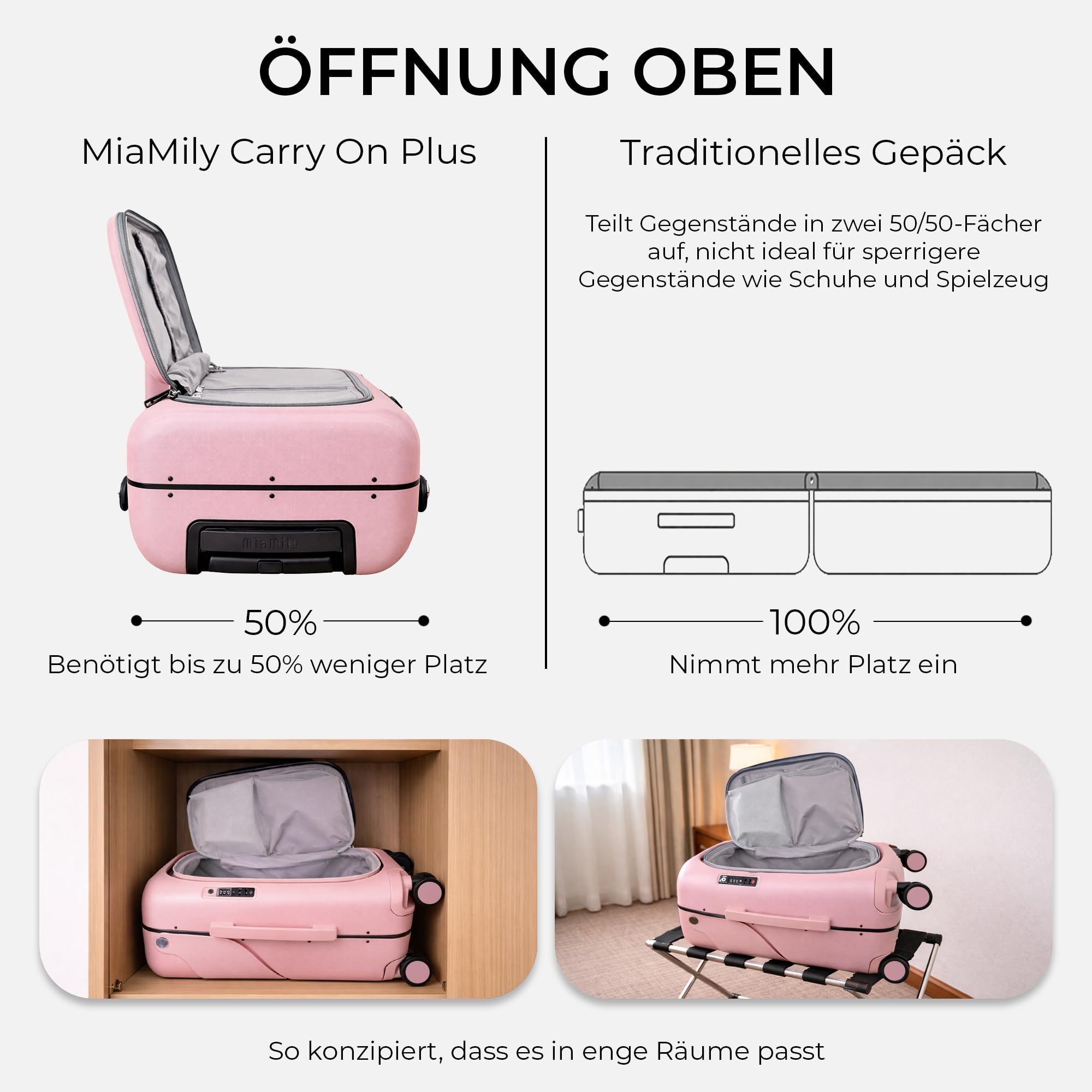 MiaMily Carry-On Plus Ride-On Koffer, Integrierter Sitz, Obenliegender Zugang, wasserdichte und Thermotasche, Radbremsen, TSA-Schloss, Dusty Pink