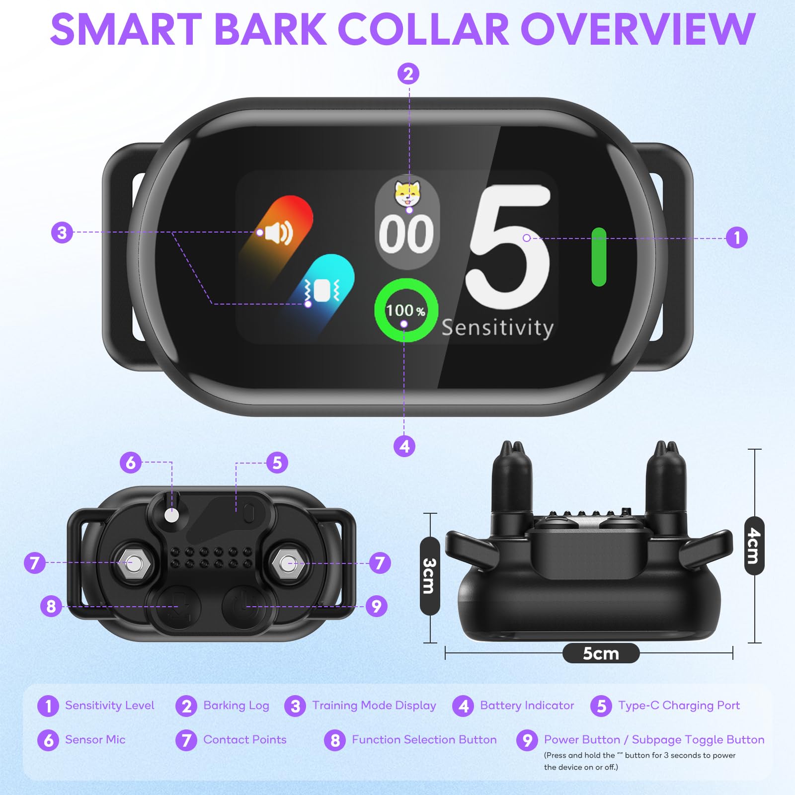 Collar Antiladridos Perros Grande Mediano Pequeño, Collar Adiestramiento para Perros 5-100lbs, 5 Niveles de Sensibilidad, 3 Modos de Sonido y Vibración, Resistente al Agua IP67 y Recargable