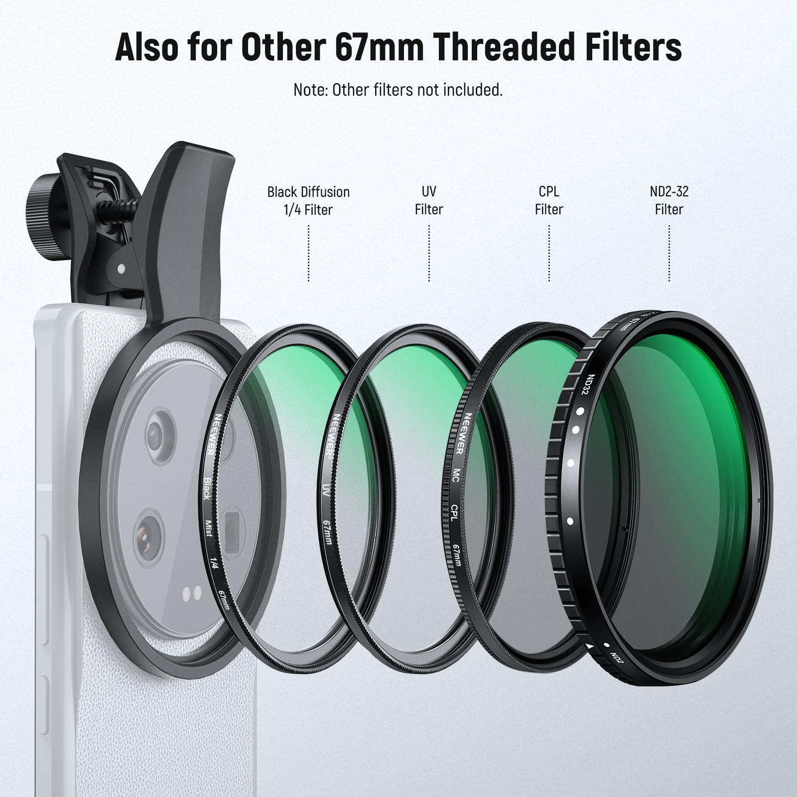 NEEWER 2in1 67mm Filtro CPL e Balck Diffusion 1/4 a Clip Compatibile con Samsung S25 Ultra Google Pixel Huawei Xiaomi,Polarizzante Circolare per Obiettivo Telefono,Kit Accessori per Fotografia,FL-B36