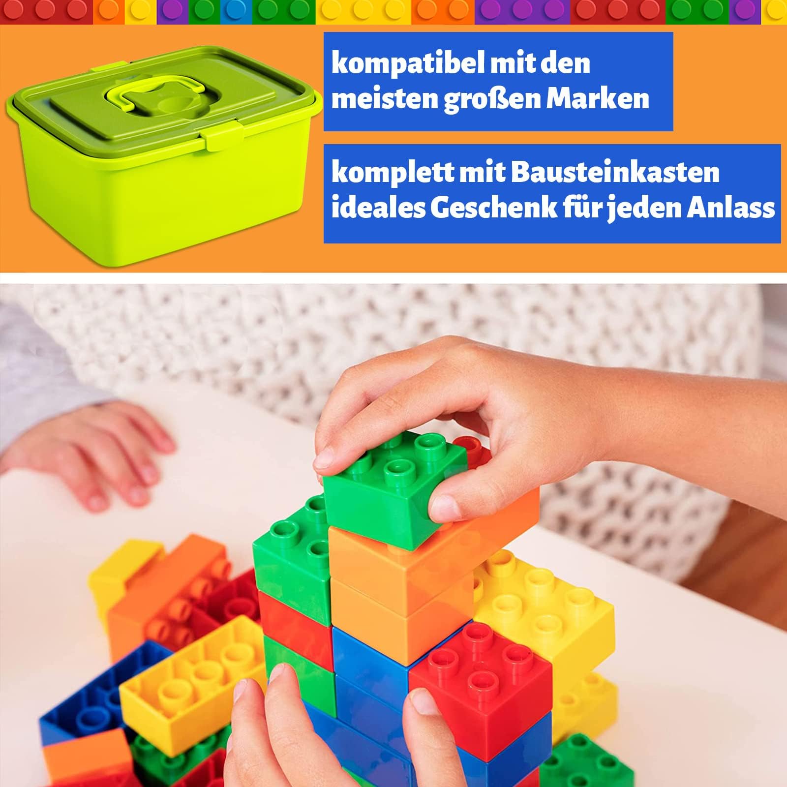 Großen bausteine Set, Kompatibel mit Duplo Steine | Lernspielzeug mit Steinebox+ 2 Grundplatten | Kreatives Bauset Geschenk für Jungen Mädchen ab 3 Jahren