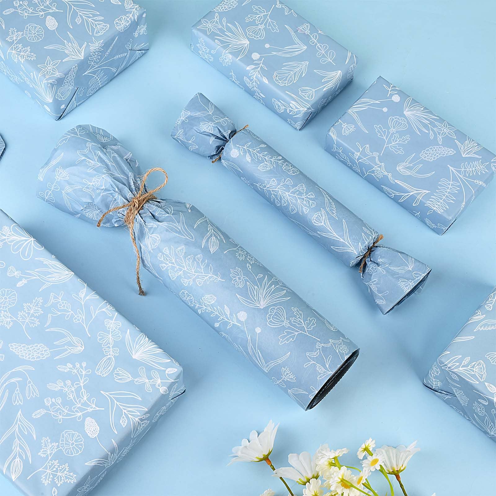 Lot de 100 feuilles de papier de soie à imprimé floral bleu poudré pour emballage cadeau, sac cadeau, décoration botanique, pour mariage, fête prénatale, loisirs créatifs