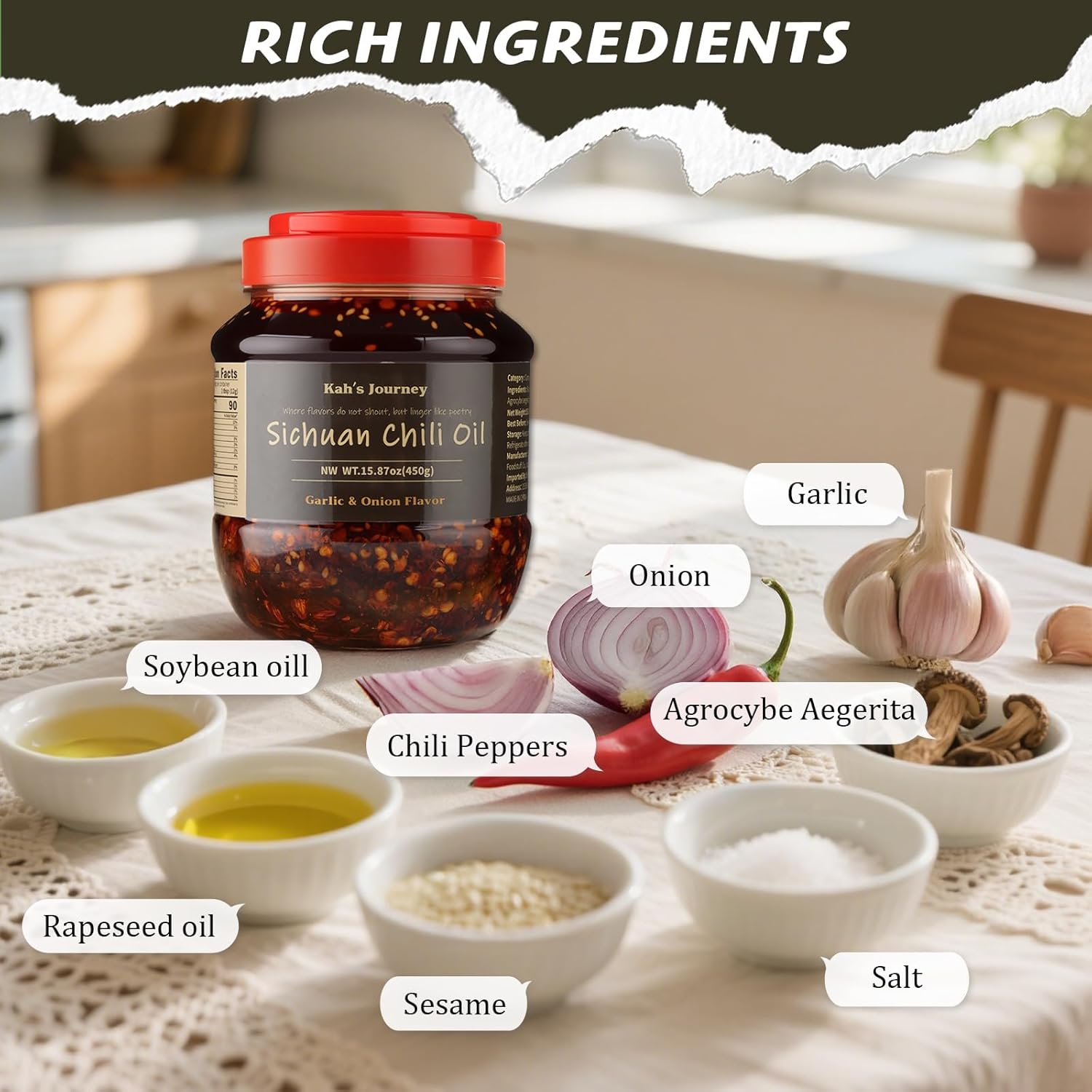  Chili Oil - 15.87oz (450g) Spicy Chili Crisp with Crunchy Garlic and Onion Flavor, Vegan, Sugar Free Chili Sauce | Vegan Chili Oil with Fresh Crispy Garlic, Shallots & Hot Chili Peppers, Good on Noodles, Meats, Veggies & Everything thumbnail