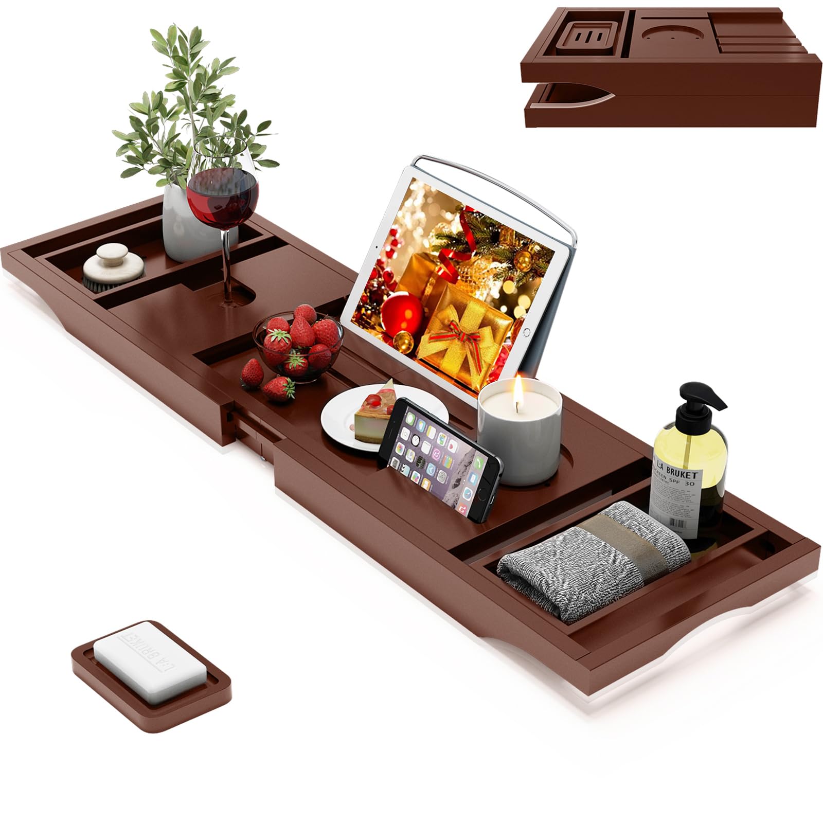 Foldable Bamboo Bathtub Caddy Tray Expandable for Luxury Bath, Bath Accessories & Table with Wine Glass Holder, Book Stand Bathroom Organizer with Extending Sides for Men/Women,Brown