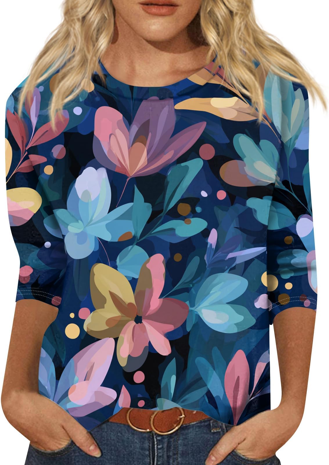3/4 Length Sleeve Womens Tops Crew Neck T Shirts Print Blouses Business Work Outfits Trendy Tops Vacation Tunic