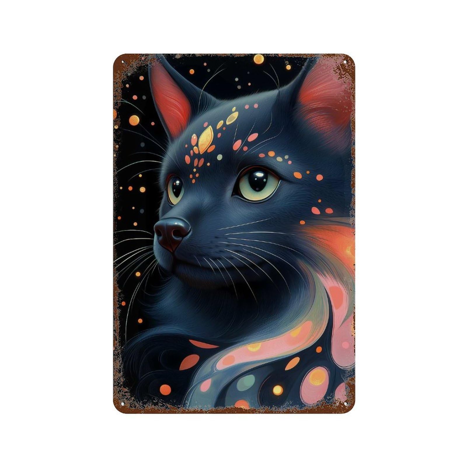 Mystical Black Pomeranian Cat Rusty Metal Tin Sign 11.8"x7.9", for Pub, Kitchen And Man Cave Decor, Novelty Wall Decor