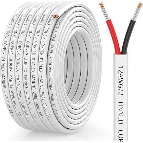 12 Gauge Marine Wire, 12/2 Duplex Marine Grade Cable, IP68 Waterproof/Oxygen-Free Tinned Copper Stranded PVC 12 AWG Wire for Boat, Automotive, RV, Solar, LED Strips (30FT)