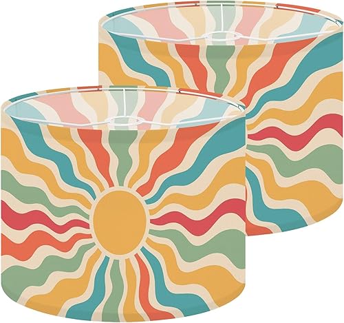 Lamp Shades Set of 2 Vintage solar boho style Retro 70s style wall sunrise rainbow Minimal Drum lampshades for Floor Lamps Table Lamps Pendant Light