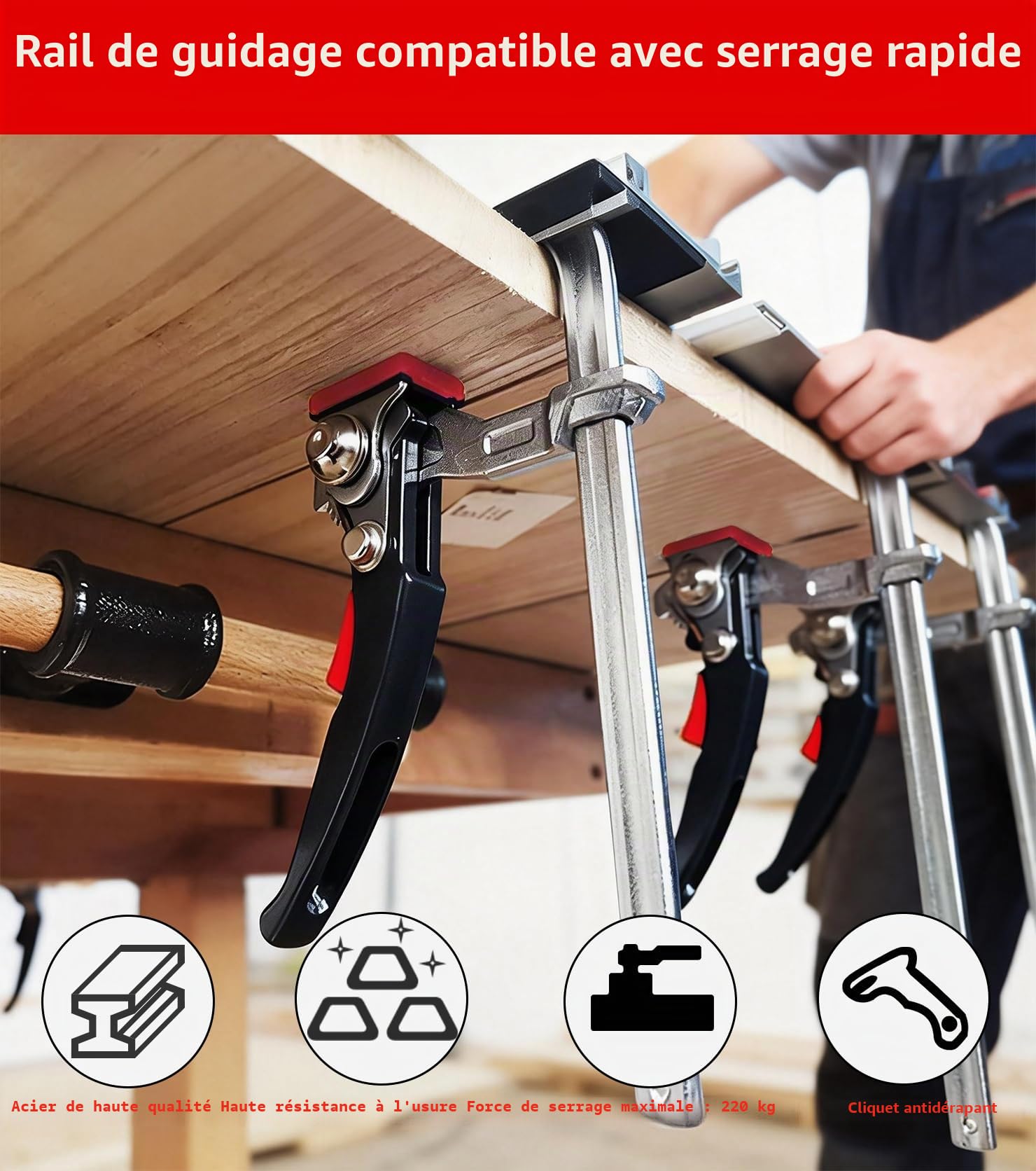 Lot de 2 serre joints à levier rail en acier,serre joint rapide menuisier pinces et tendeurs 220kg,capacité de 160 mm projection de 60 mm Pour rail de guidage, coupe, fixation précise