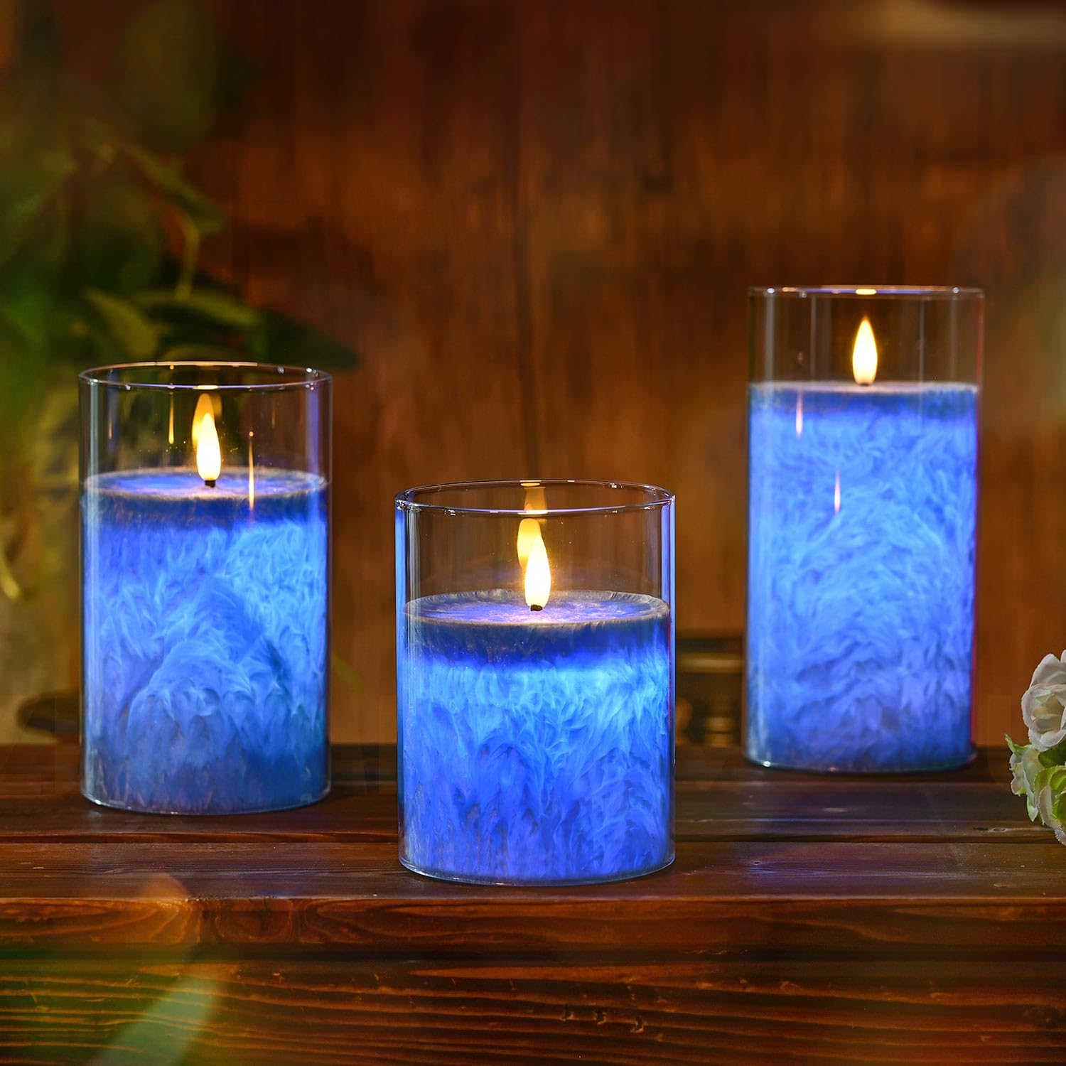 Candela a LED Vera Cera, 3PC Candele Decorative di Vetro, Candela Senza Fiamma Con Telecomando e Timer, Candele Paraffina per Decorazione, Nozze, Partito (Blu)
