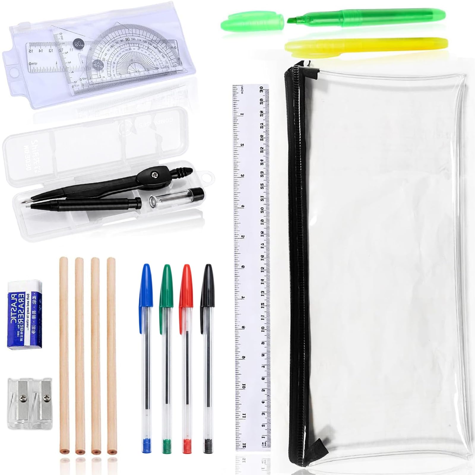 YUNTRUN GCSE 18 Pcs Stationery Set, School Pencil Case with Stationery Set Included, Back to School Pencil Case Sets with 4 Graphite Pencils, 4 Pens, 2 Highlighter, Eraser, Sharpener